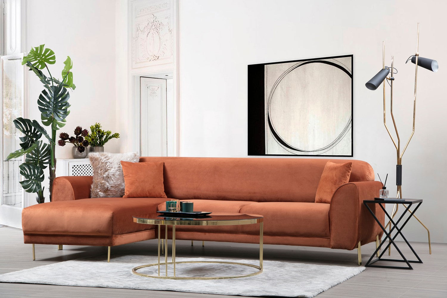 Sofá-cama de canto Cinnamon, estrutura de madeira de faia e aglomerado, 287 x 169 cm | 100% poliéster, pernas de metal dourado, elegante e funcional para espaços modernos