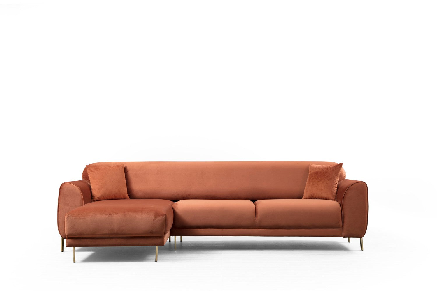 Sofá-cama de canto Cinnamon, estrutura de madeira de faia e aglomerado, 287 x 169 cm | 100% poliéster, pernas de metal dourado, elegante e funcional para espaços modernos