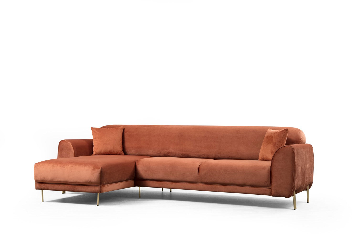 Sofá-cama de canto Cinnamon, estrutura de madeira de faia e aglomerado, 287 x 169 cm | 100% poliéster, pernas de metal dourado, elegante e funcional para espaços modernos