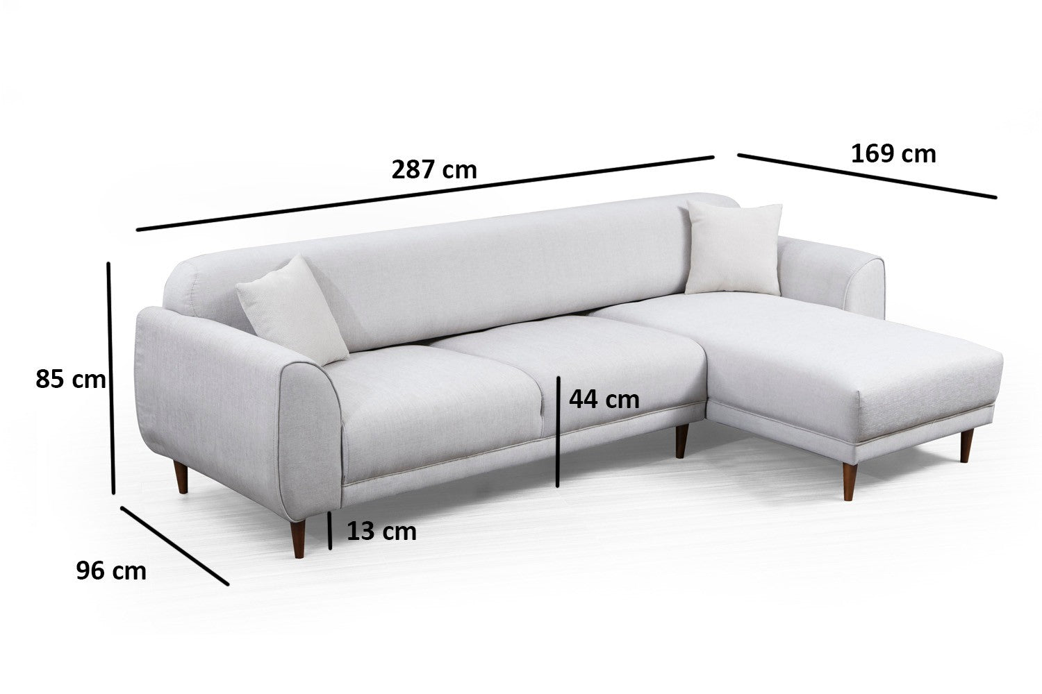 Sofá-cama de canto bege, 287 x 169 cm, estrutura de madeira de faia, 100% poliéster, espuma de mola de 10 cm, pernas pretas foscas | Elegante e funcional para espaços modernos