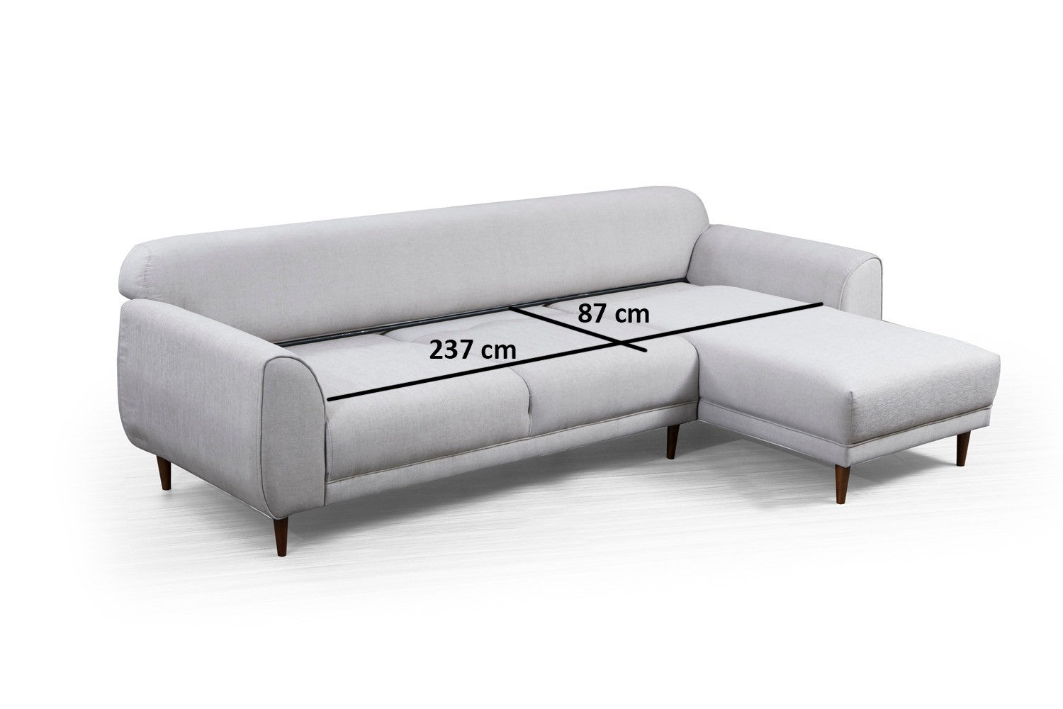 Sofá-cama de canto bege, 287 x 169 cm, estrutura de madeira de faia, 100% poliéster, espuma de mola de 10 cm, pernas pretas foscas | Elegante e funcional para espaços modernos