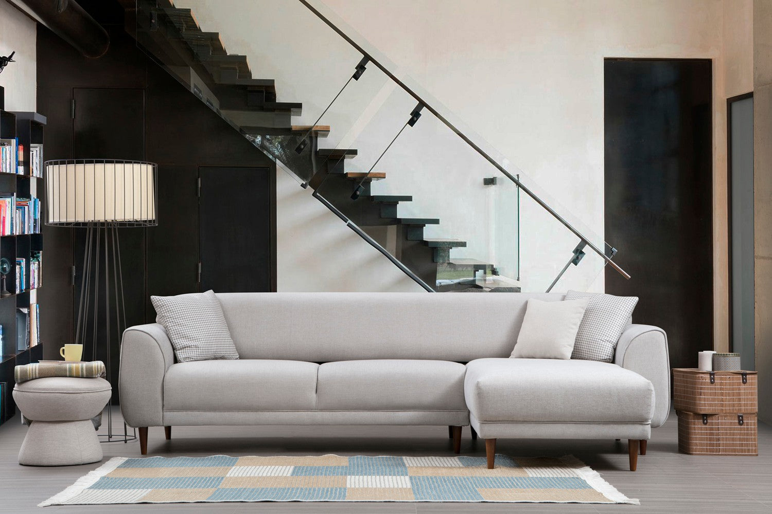 Sofá-cama de canto bege, 287 x 169 cm, estrutura de madeira de faia, 100% poliéster, espuma de mola de 10 cm, pernas pretas foscas | Elegante e funcional para espaços modernos