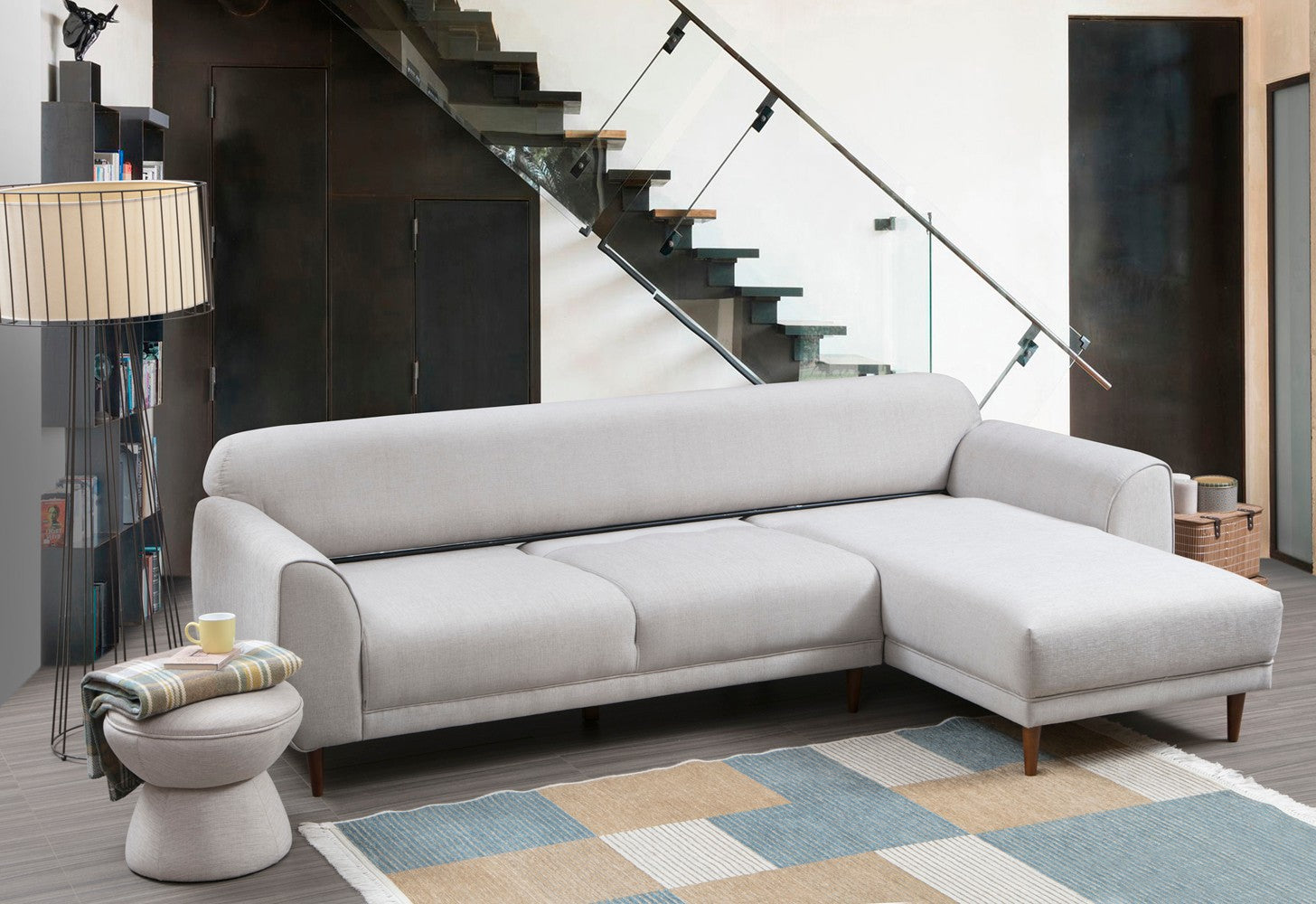 Sofá-cama de canto bege, 287 x 169 cm, estrutura de madeira de faia, 100% poliéster, espuma de mola de 10 cm, pernas pretas foscas | Elegante e funcional para espaços modernos