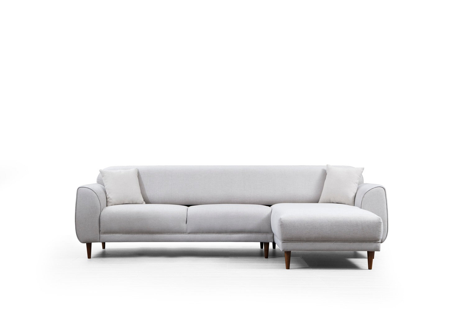 Sofá-cama de canto bege, 287 x 169 cm, estrutura de madeira de faia, 100% poliéster, espuma de mola de 10 cm, pernas pretas foscas | Elegante e funcional para espaços modernos