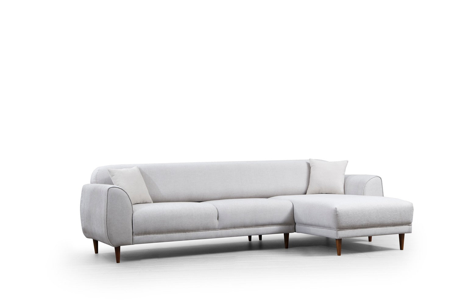 Sofá-cama de canto bege, 287 x 169 cm, estrutura de madeira de faia, 100% poliéster, espuma de mola de 10 cm, pernas pretas foscas | Elegante e funcional para espaços modernos