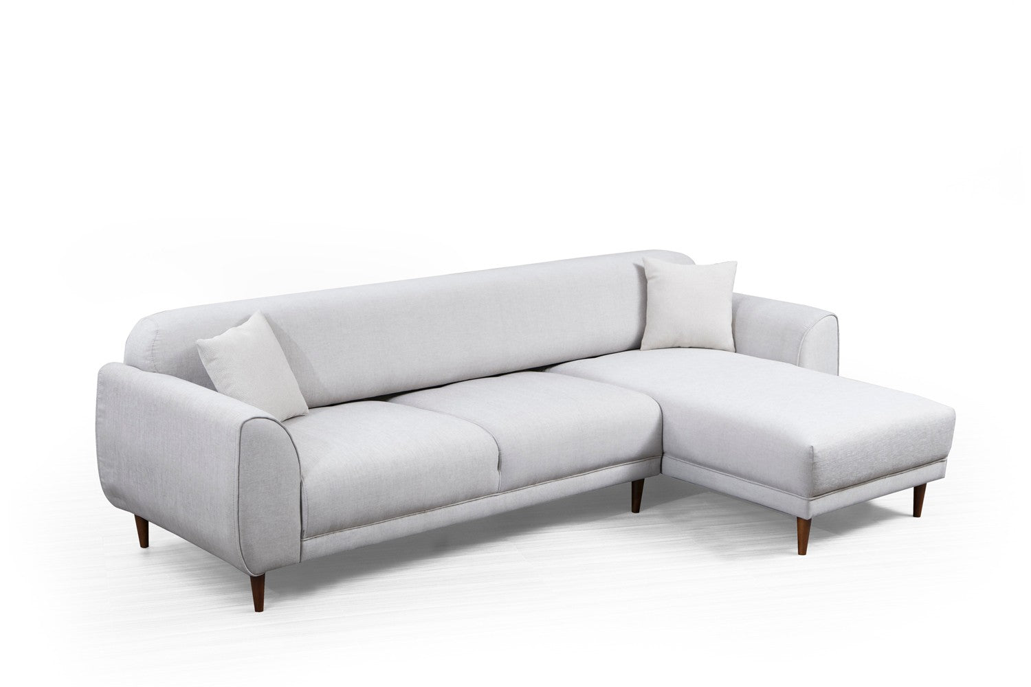 Sofá-cama de canto bege, 287 x 169 cm, estrutura de madeira de faia, 100% poliéster, espuma de mola de 10 cm, pernas pretas foscas | Elegante e funcional para espaços modernos
