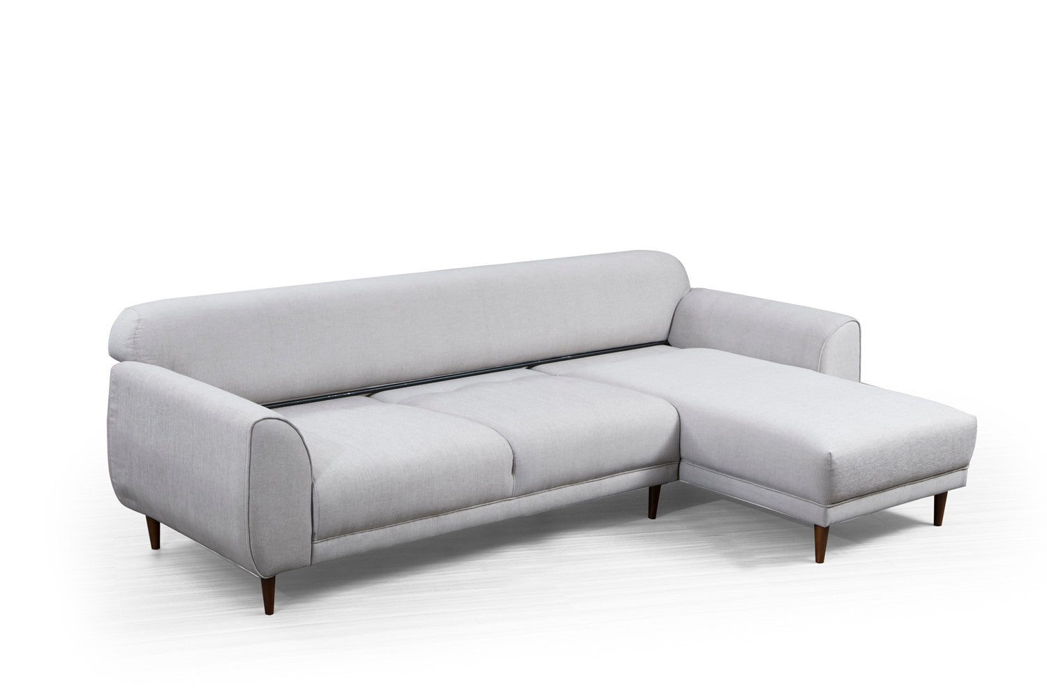Sofá-cama de canto bege, 287 x 169 cm, estrutura de madeira de faia, 100% poliéster, espuma de mola de 10 cm, pernas pretas foscas | Elegante e funcional para espaços modernos