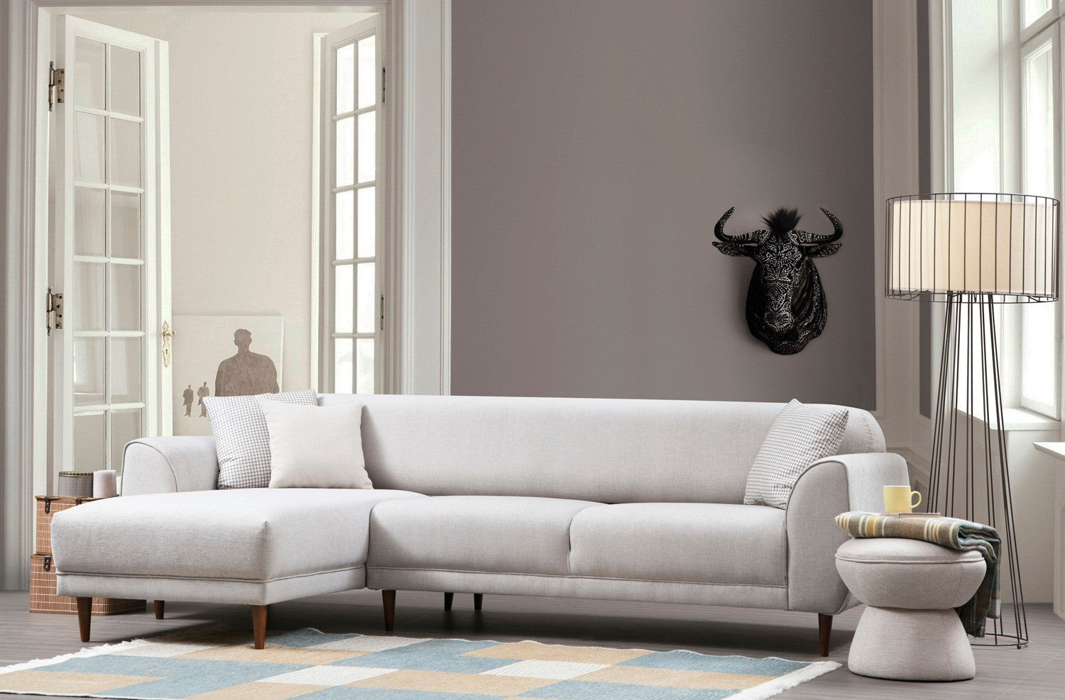 Sofá-cama de canto bege, 287 x 169 cm, estrutura de madeira de faia, 100% poliéster, espuma de 10 cm, pernas pretas foscas | Elegante e funcional para espaços modernos