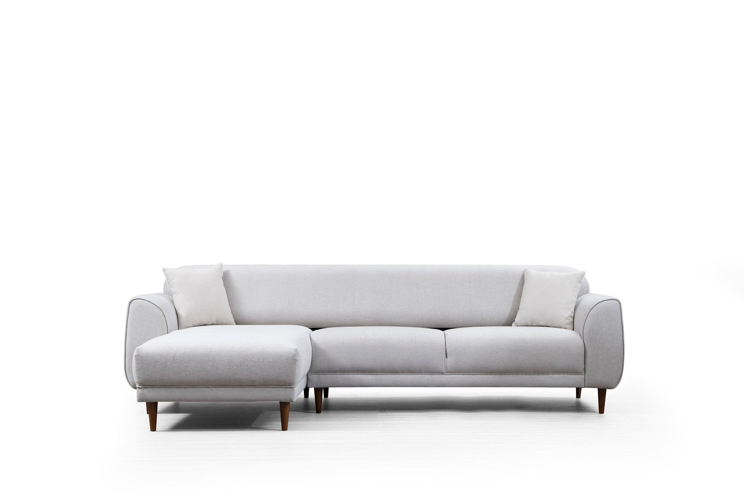 Sofá-cama de canto bege, 287 x 169 cm, estrutura de madeira de faia, 100% poliéster, espuma de 10 cm, pernas pretas foscas | Elegante e funcional para espaços modernos