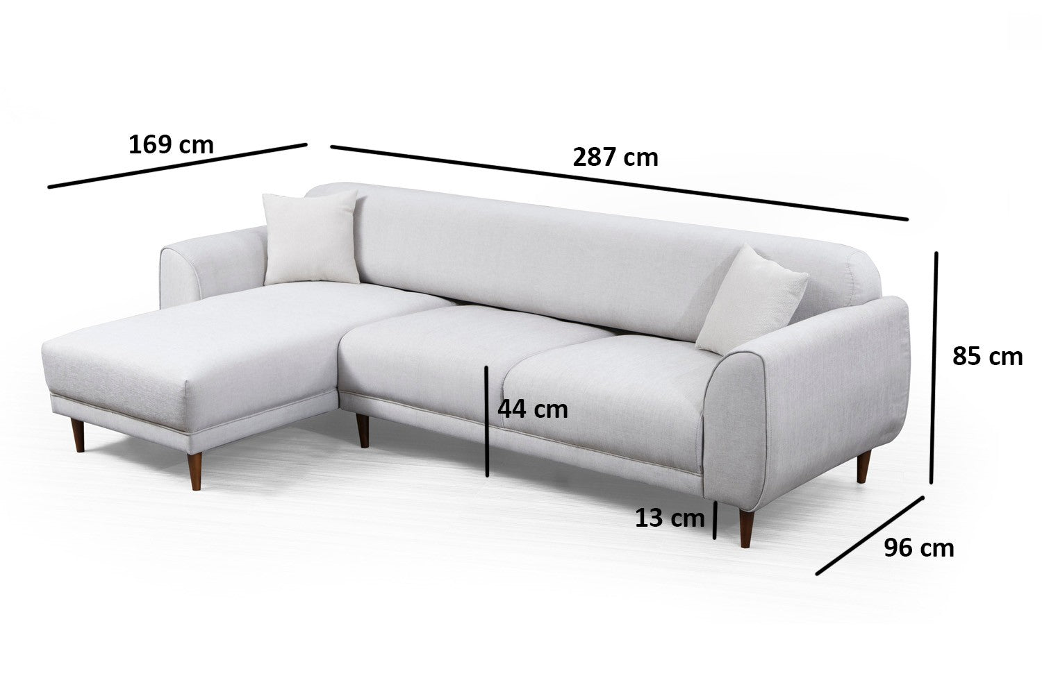 Sofá-cama de canto bege, 287 x 169 cm, estrutura de madeira de faia, 100% poliéster, espuma de 10 cm, pernas pretas foscas | Elegante e funcional para espaços modernos
