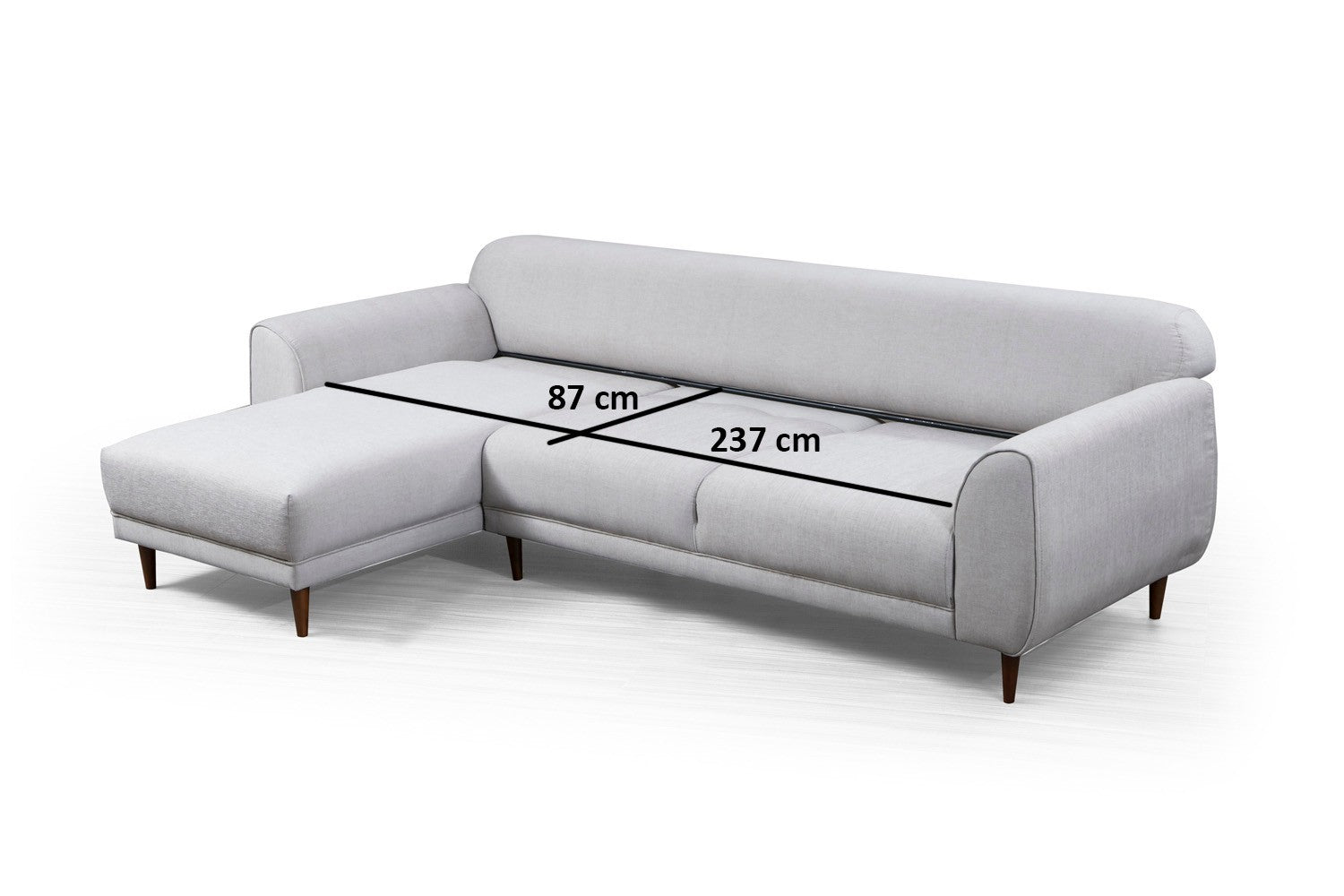 Sofá-cama de canto bege, 287 x 169 cm, estrutura de madeira de faia, 100% poliéster, espuma de 10 cm, pernas pretas foscas | Elegante e funcional para espaços modernos