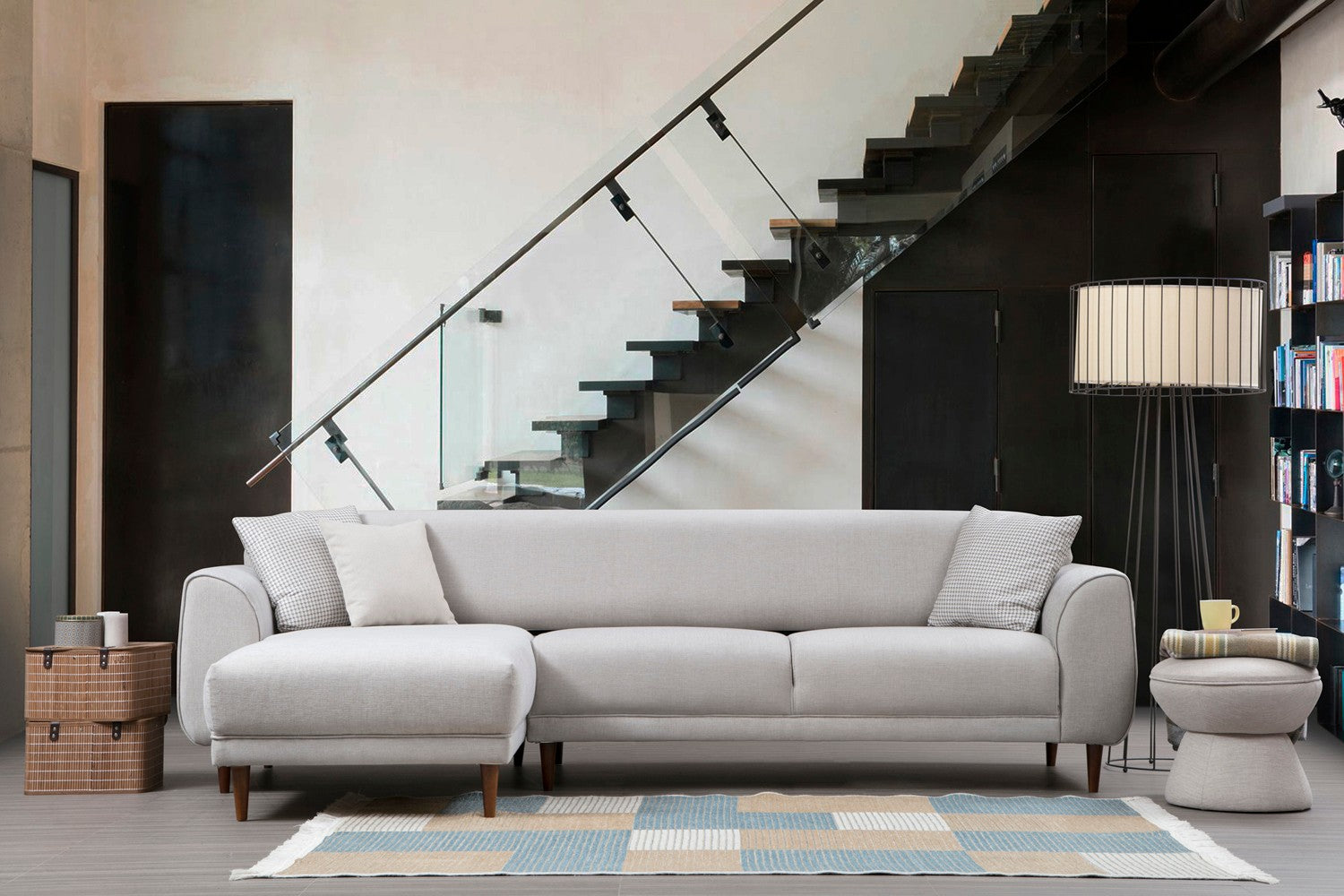 Sofá-cama de canto bege, 287 x 169 cm, estrutura de madeira de faia, 100% poliéster, espuma de 10 cm, pernas pretas foscas | Elegante e funcional para espaços modernos