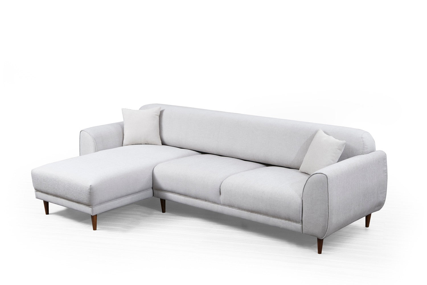 Sofá-cama de canto bege, 287 x 169 cm, estrutura de madeira de faia, 100% poliéster, espuma de 10 cm, pernas pretas foscas | Elegante e funcional para espaços modernos
