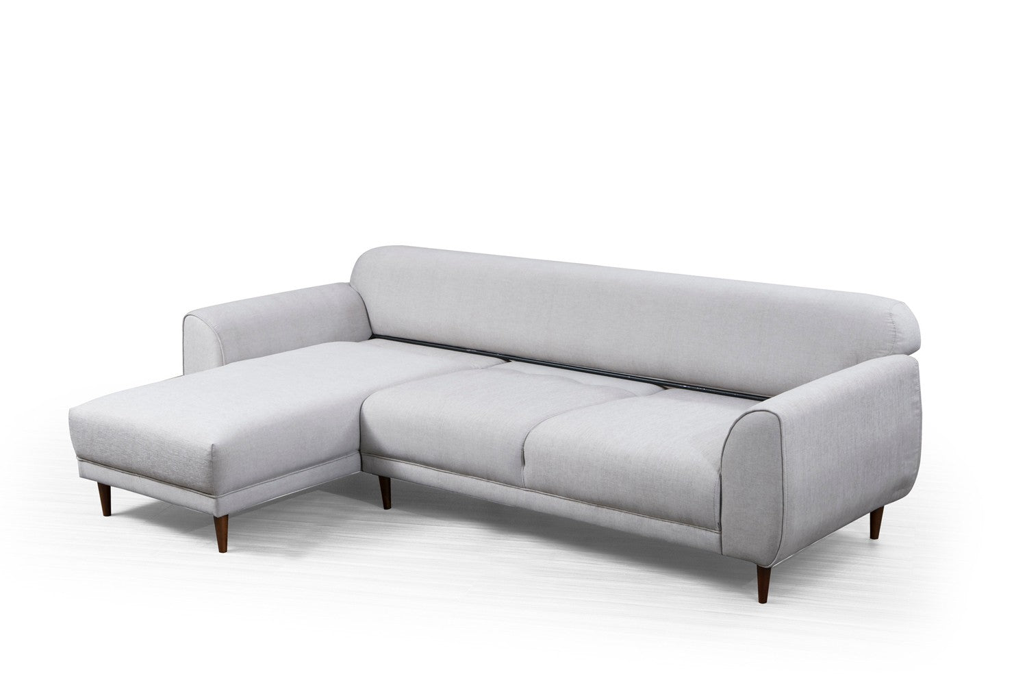 Sofá-cama de canto bege, 287 x 169 cm, estrutura de madeira de faia, 100% poliéster, espuma de 10 cm, pernas pretas foscas | Elegante e funcional para espaços modernos