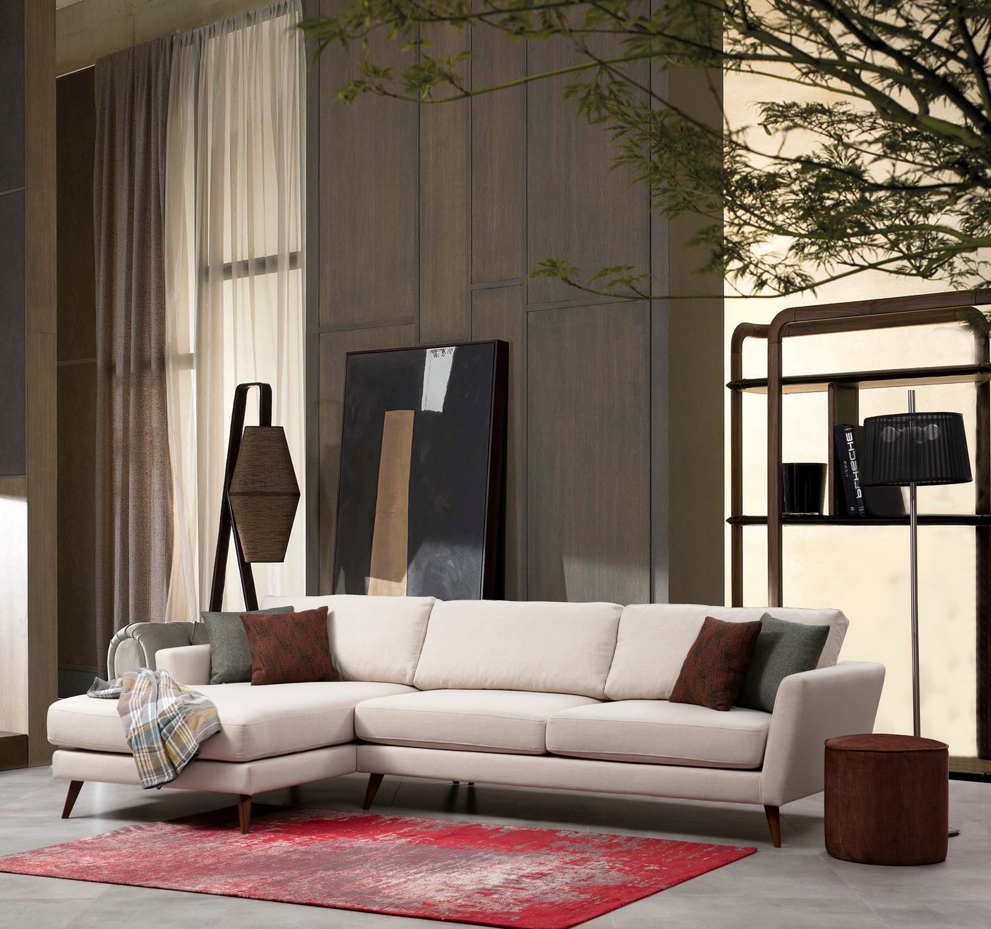 Sofá-cama de canto bege, 303 x 168 cm, estrutura de madeira de faia, 100% poliéster, almofadas de espuma macia, design escandinavo moderno, perfeito para salas de estar