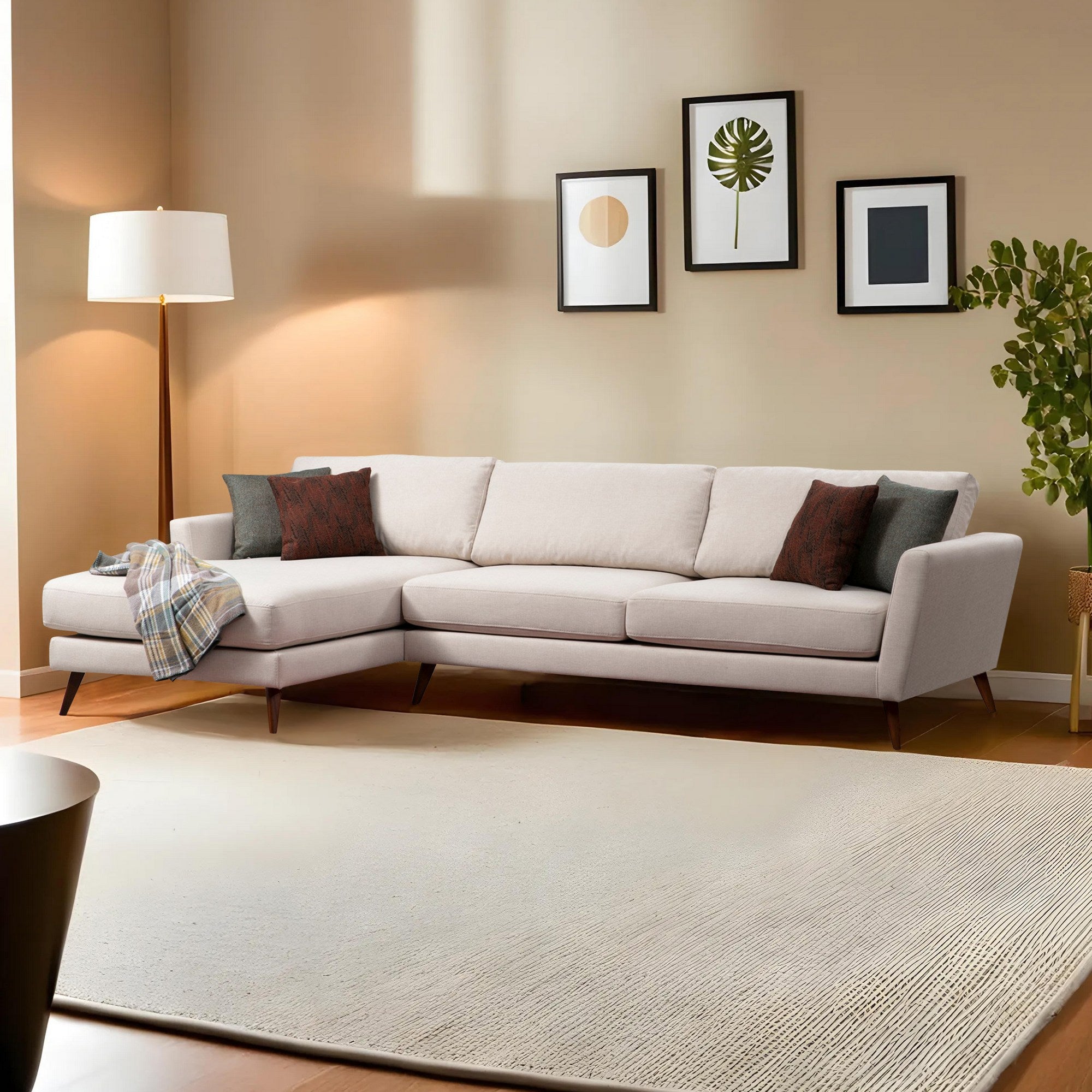 Sofá-cama de canto bege, 303 x 168 cm, estrutura de madeira de faia, 100% poliéster, almofadas de espuma macia, design escandinavo moderno, perfeito para salas de estar