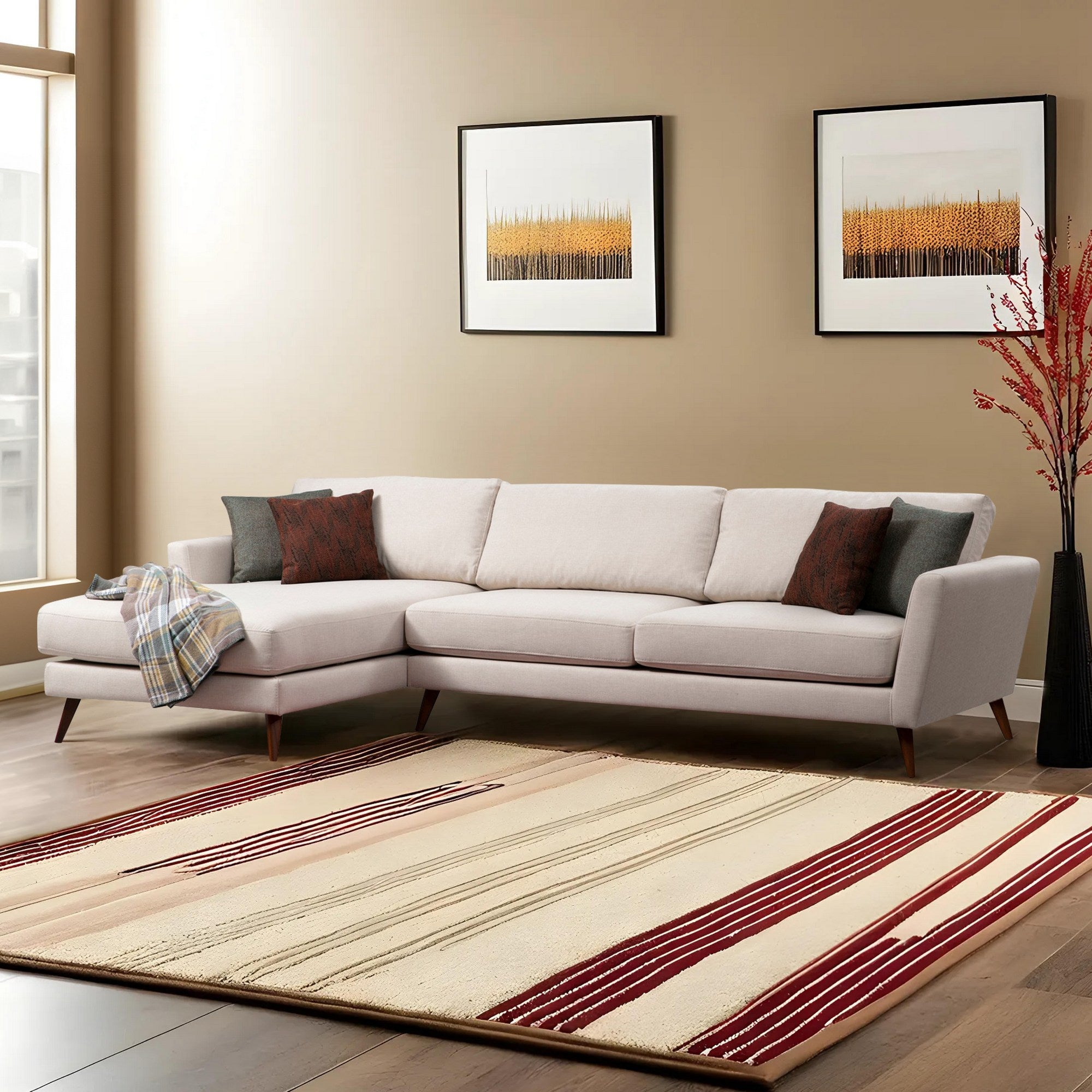 Sofá-cama de canto bege, 303 x 168 cm, estrutura de madeira de faia, 100% poliéster, almofadas de espuma macia, design escandinavo moderno, perfeito para salas de estar