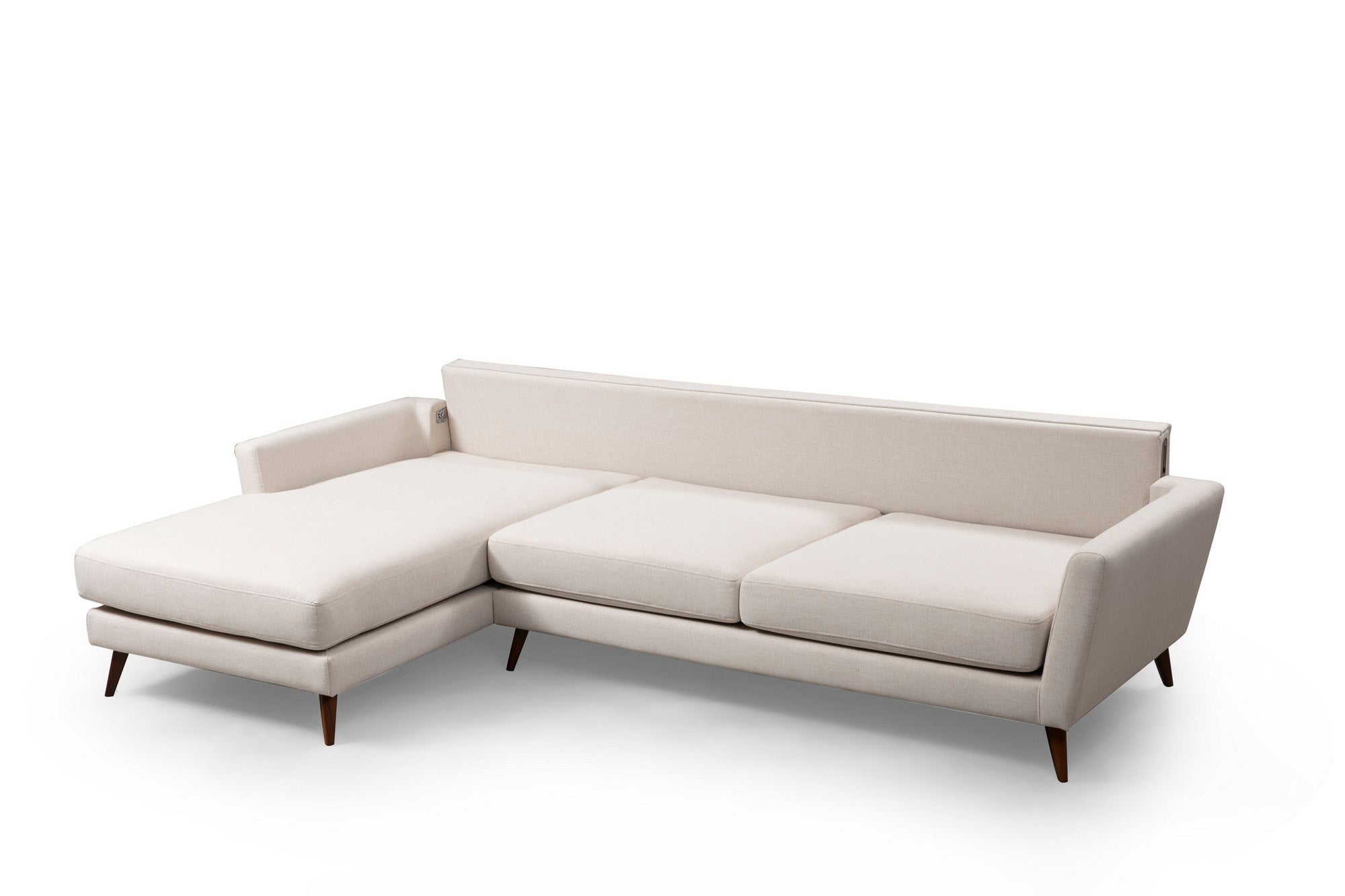 Sofá-cama de canto bege, 303 x 168 cm, estrutura de madeira de faia, 100% poliéster, almofadas de espuma macia, design escandinavo moderno, perfeito para salas de estar