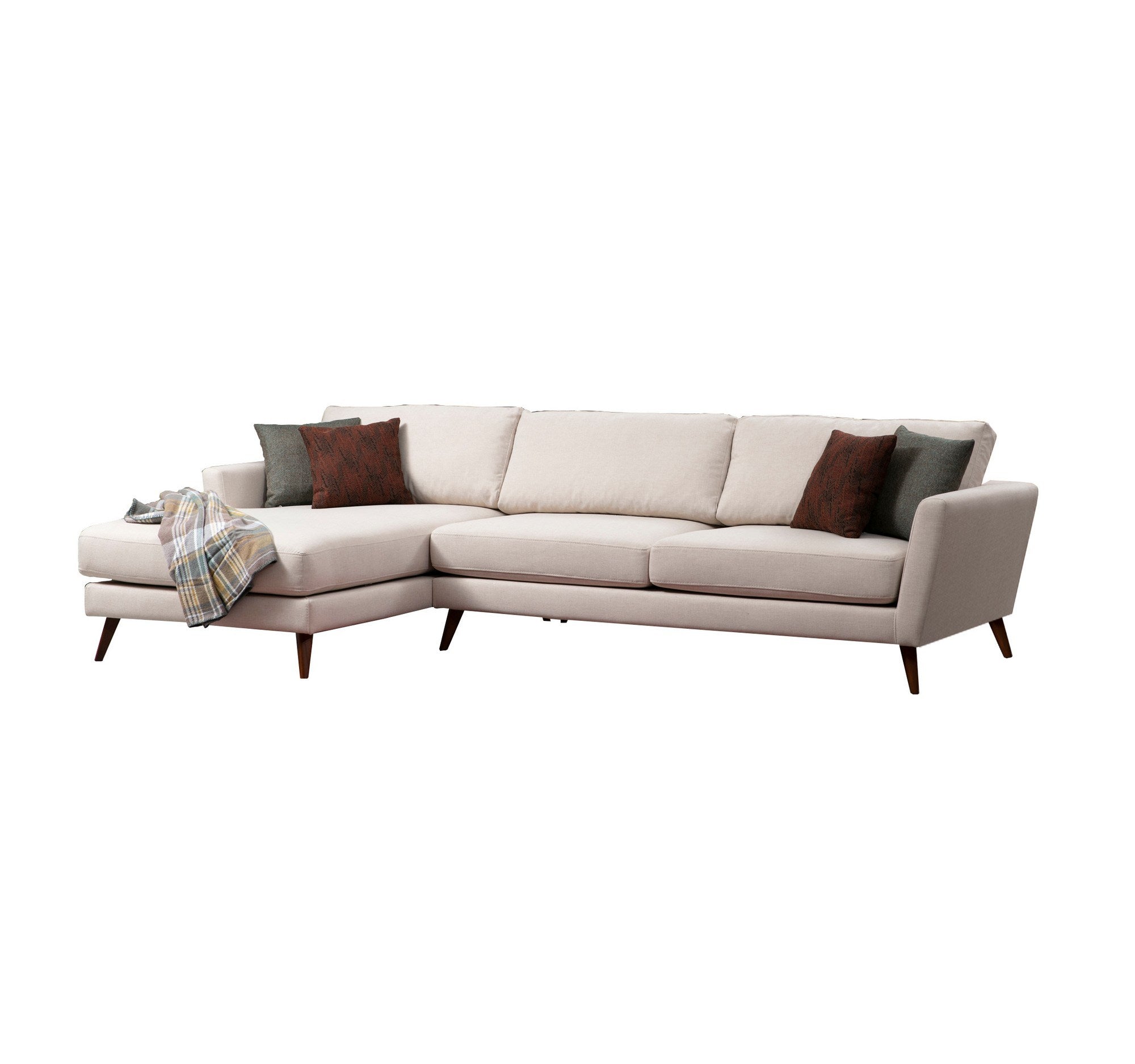 Sofá-cama de canto bege, 303 x 168 cm, estrutura de madeira de faia, 100% poliéster, almofadas de espuma macia, design escandinavo moderno, perfeito para salas de estar