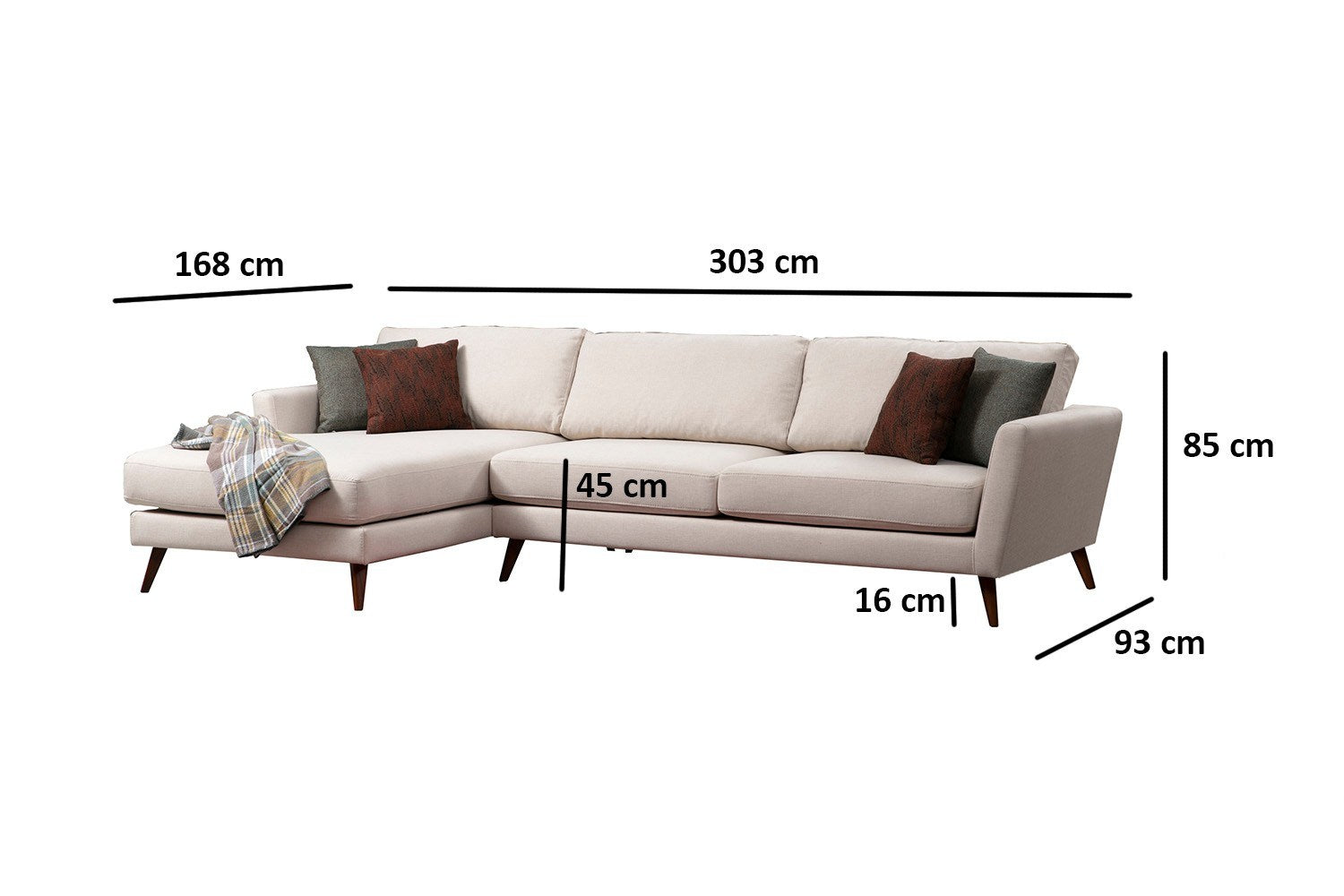 Sofá-cama de canto bege, 303 x 168 cm, estrutura de madeira de faia, 100% poliéster, almofadas de espuma macia, design escandinavo moderno, perfeito para salas de estar