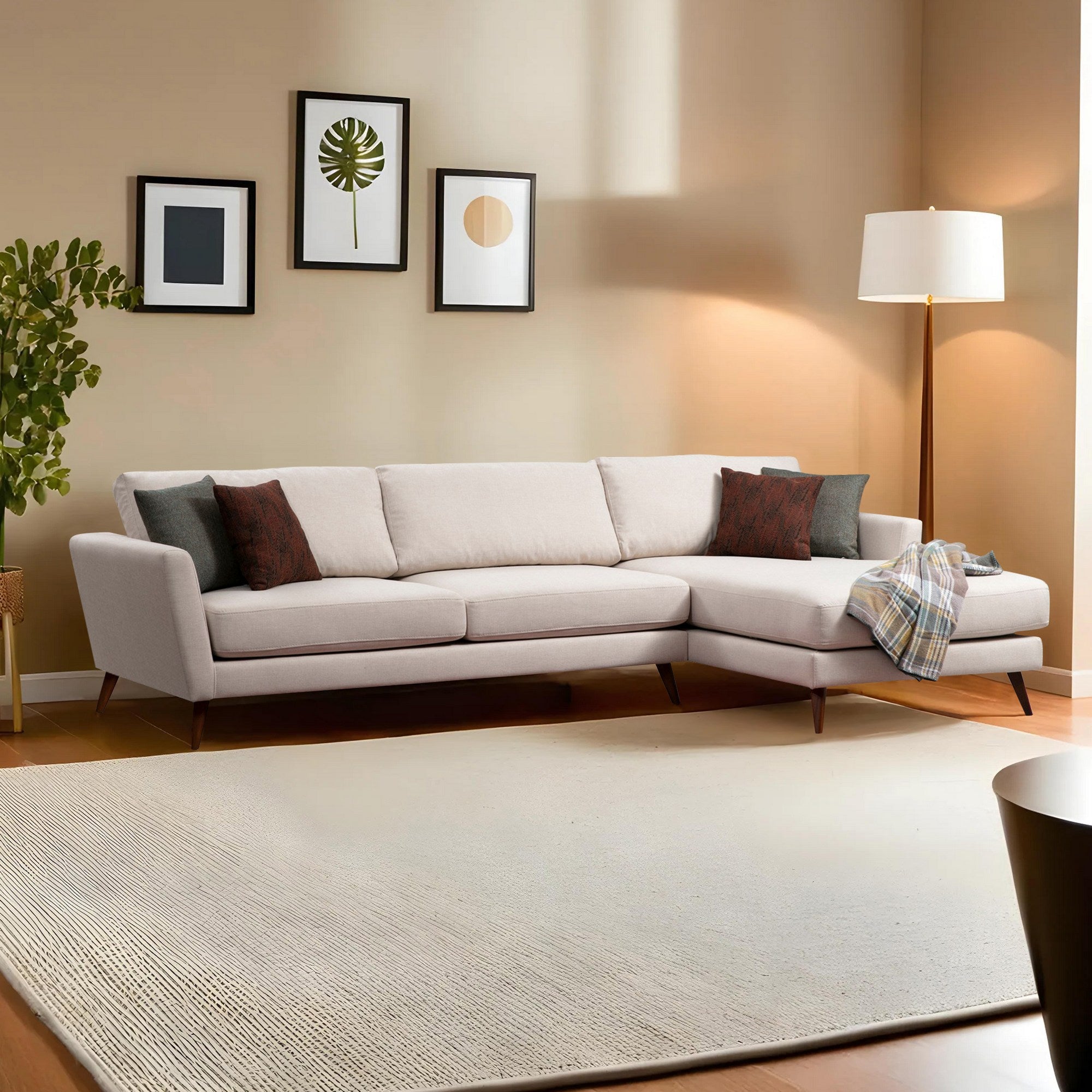 Sofá-cama de canto elegante, estrutura de madeira de faia e aglomerado, 303 x 168 cm, bege e marrom, 100% poliéster, perfeito para espaços de estar modernos, design funcional e elegante