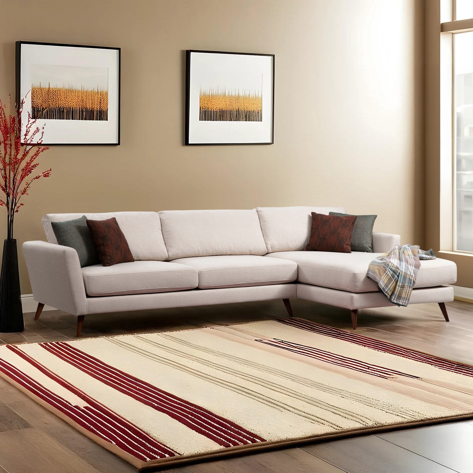 Sofá-cama de canto elegante, estrutura de madeira de faia e aglomerado, 303 x 168 cm, bege e marrom, 100% poliéster, perfeito para espaços de estar modernos, design funcional e elegante