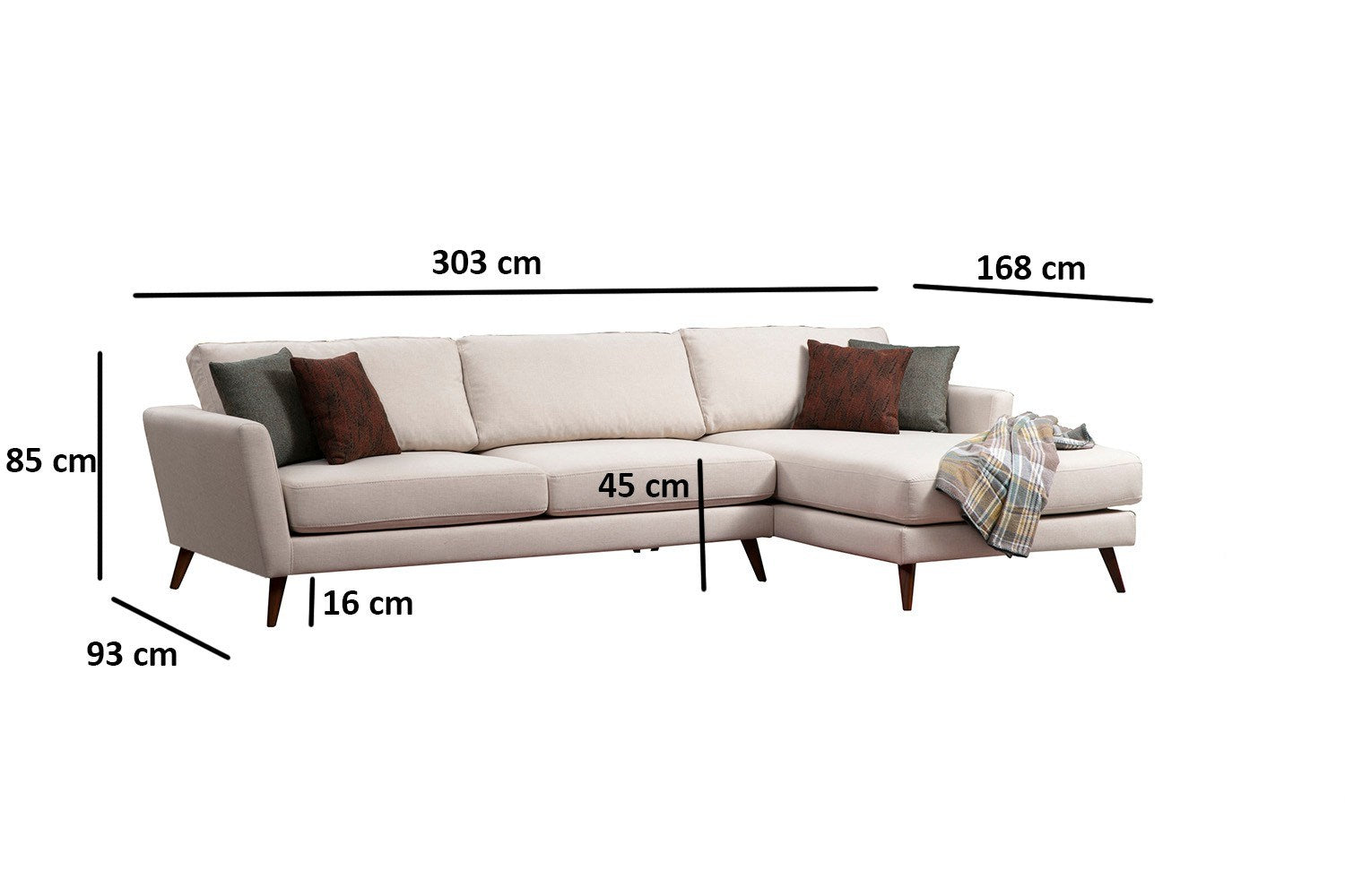 Sofá-cama de canto elegante, estrutura de madeira de faia e aglomerado, 303 x 168 cm, bege e marrom, 100% poliéster, perfeito para espaços de estar modernos, design funcional e elegante