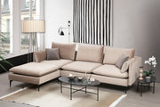 Sofá de canto bege com pufe, estrutura de madeira de faia e aglomerado, 289 x 186 cm | 100% poliéster, sistema de sofá-cama, design industrial moderno, pernas pretas foscas