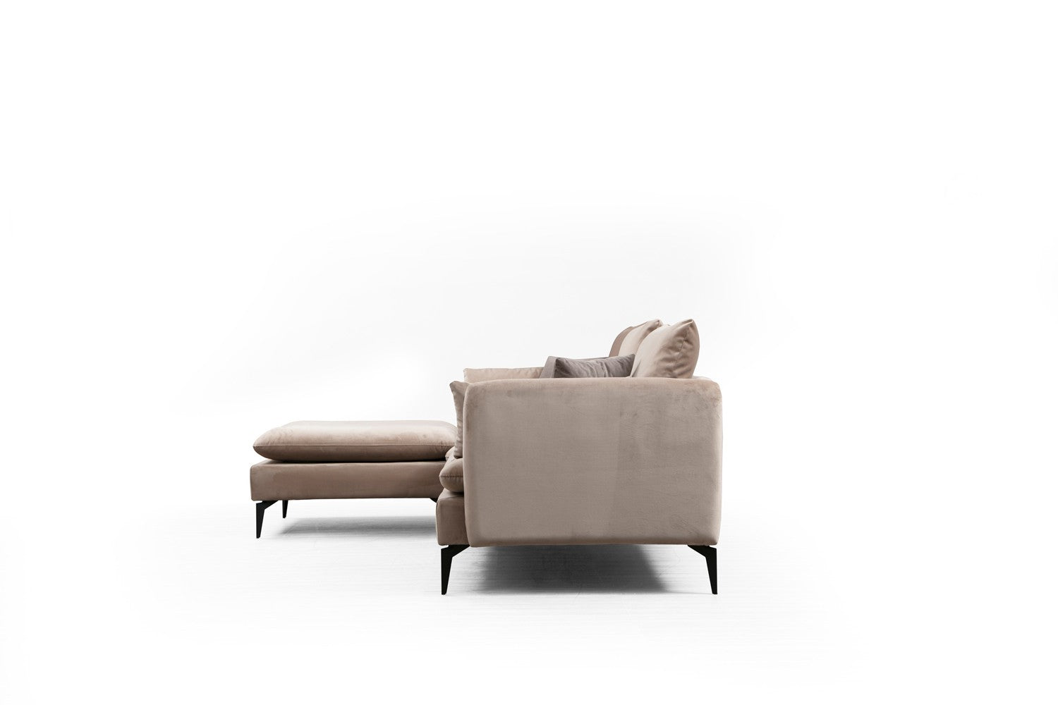 Sofá de canto bege com pufe, estrutura de madeira de faia e aglomerado, 289 x 186 cm | 100% poliéster, sistema de sofá-cama, design industrial moderno, pernas pretas foscas