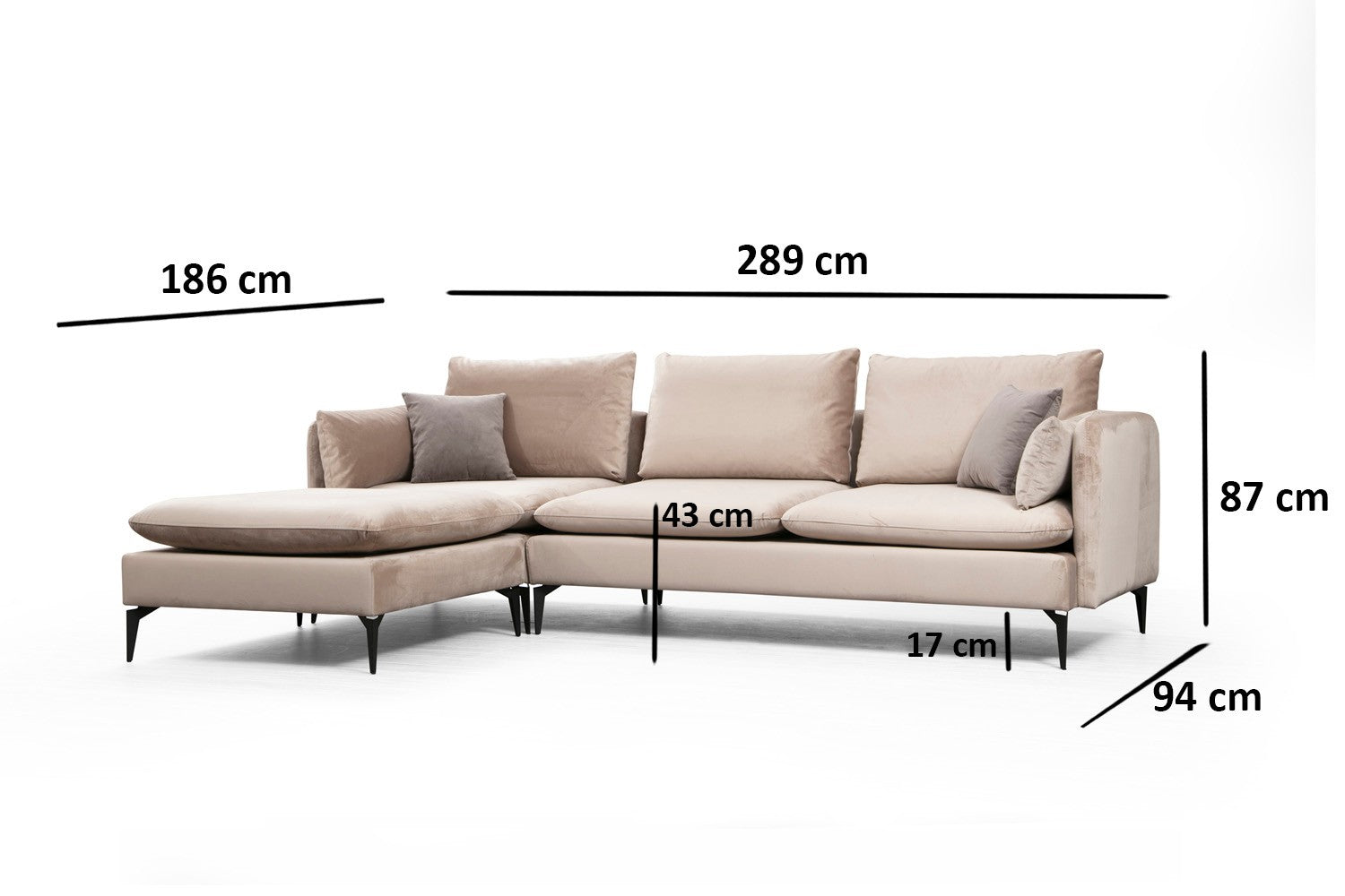 Sofá de canto bege com pufe, estrutura de madeira de faia e aglomerado, 289 x 186 cm | 100% poliéster, sistema de sofá-cama, design industrial moderno, pernas pretas foscas