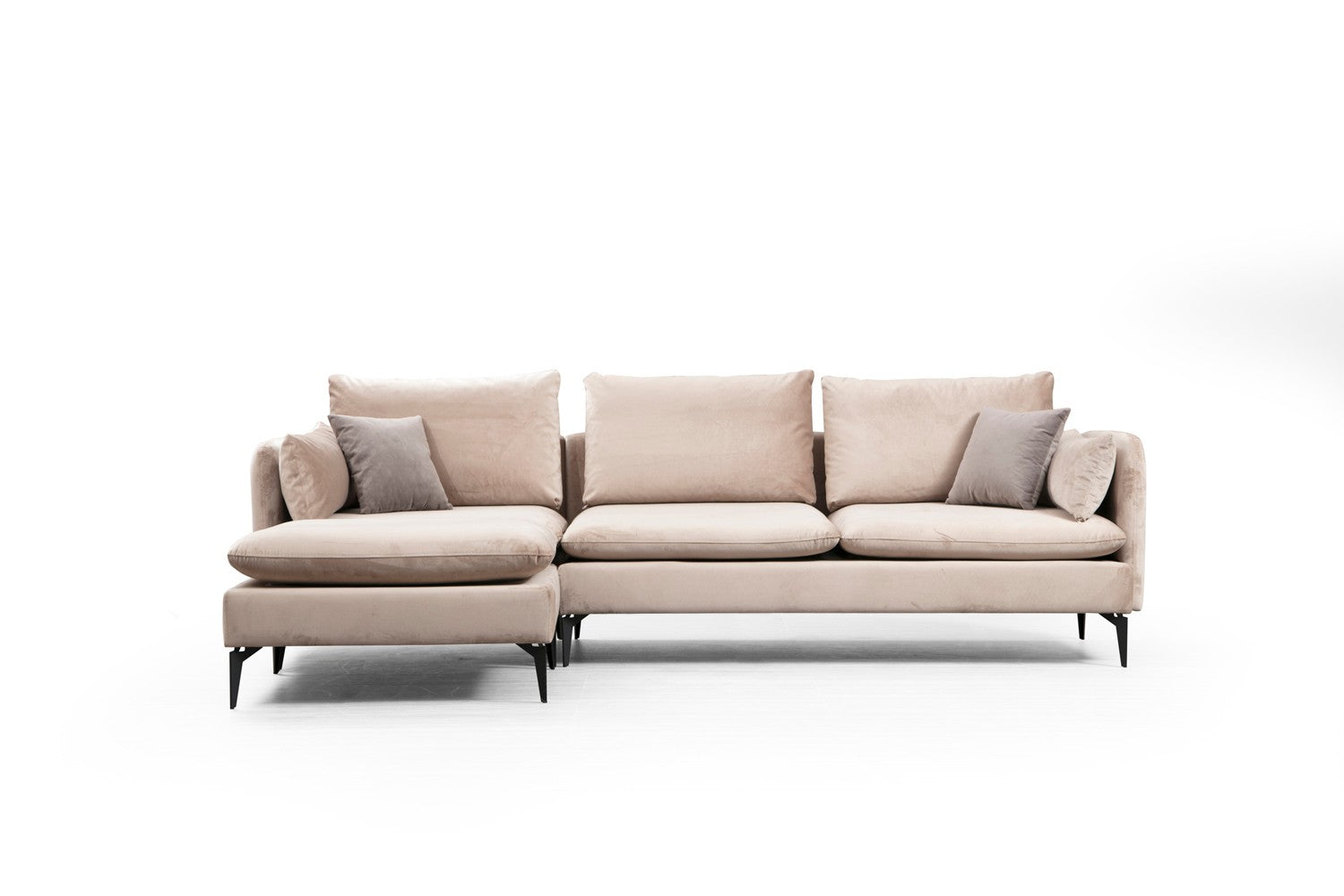 Sofá de canto bege com pufe, estrutura de madeira de faia e aglomerado, 289 x 186 cm | 100% poliéster, sistema de sofá-cama, design industrial moderno, pernas pretas foscas