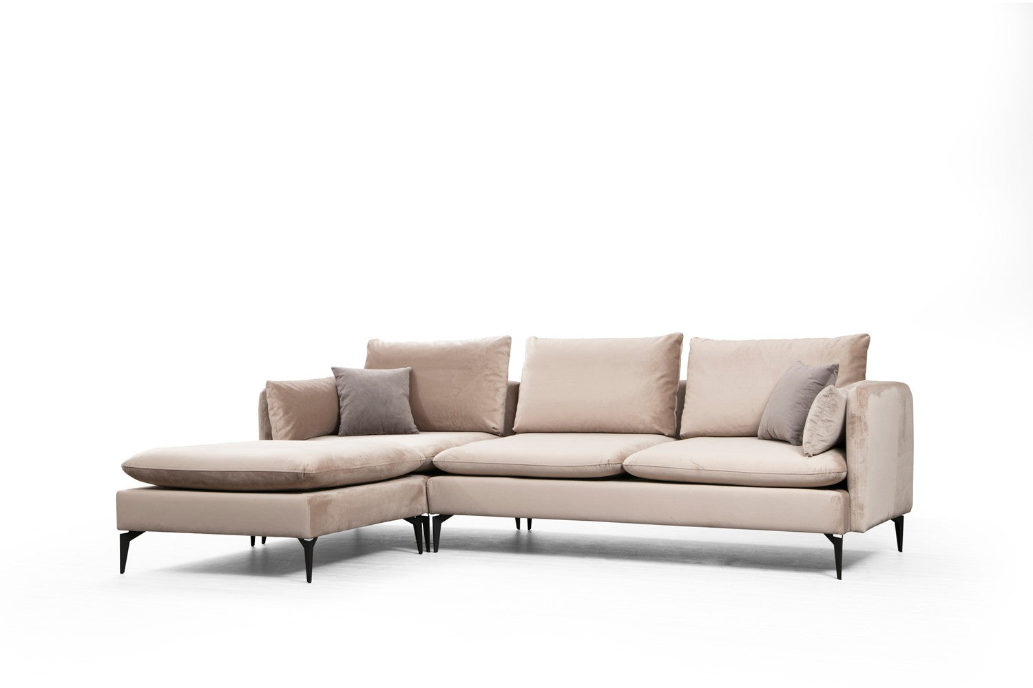 Sofá de canto bege com pufe, estrutura de madeira de faia e aglomerado, 289 x 186 cm | 100% poliéster, sistema de sofá-cama, design industrial moderno, pernas pretas foscas
