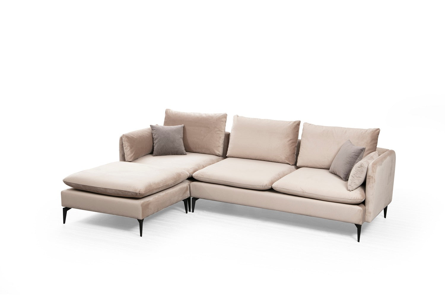 Sofá de canto bege com pufe, estrutura de madeira de faia e aglomerado, 289 x 186 cm | 100% poliéster, sistema de sofá-cama, design industrial moderno, pernas pretas foscas