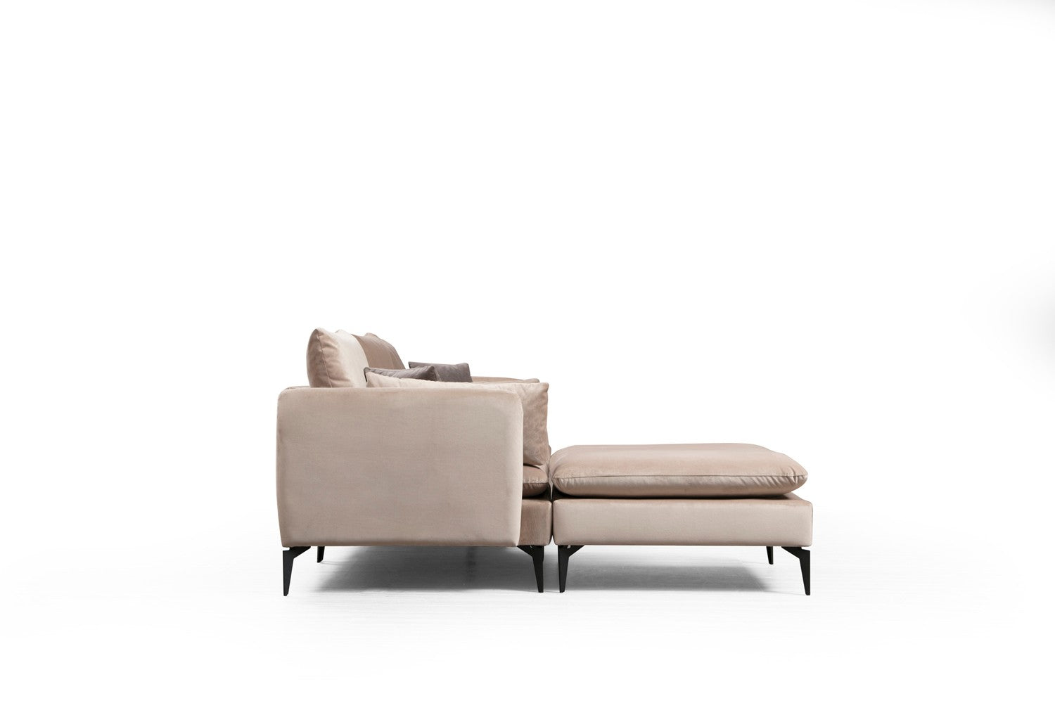 Sofá de canto bege com pufe, estrutura de madeira de faia e aglomerado, 289 x 186 cm | 100% poliéster, sistema de sofá-cama, design industrial moderno, pernas pretas foscas