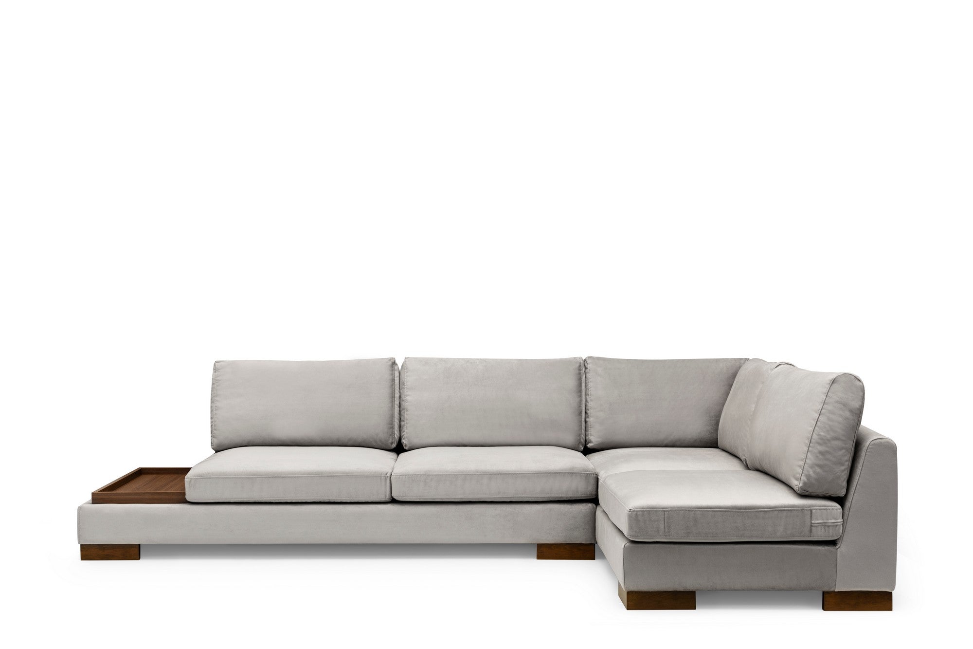 Sofá de canto elegante, cinza claro, 313 x 193 x 97 cm | Estrutura em madeira de faia e aglomerado, 100% poliéster, espuma macia, pernas em nogueira | Inclui 2 almofadas, tecido lavável a seco