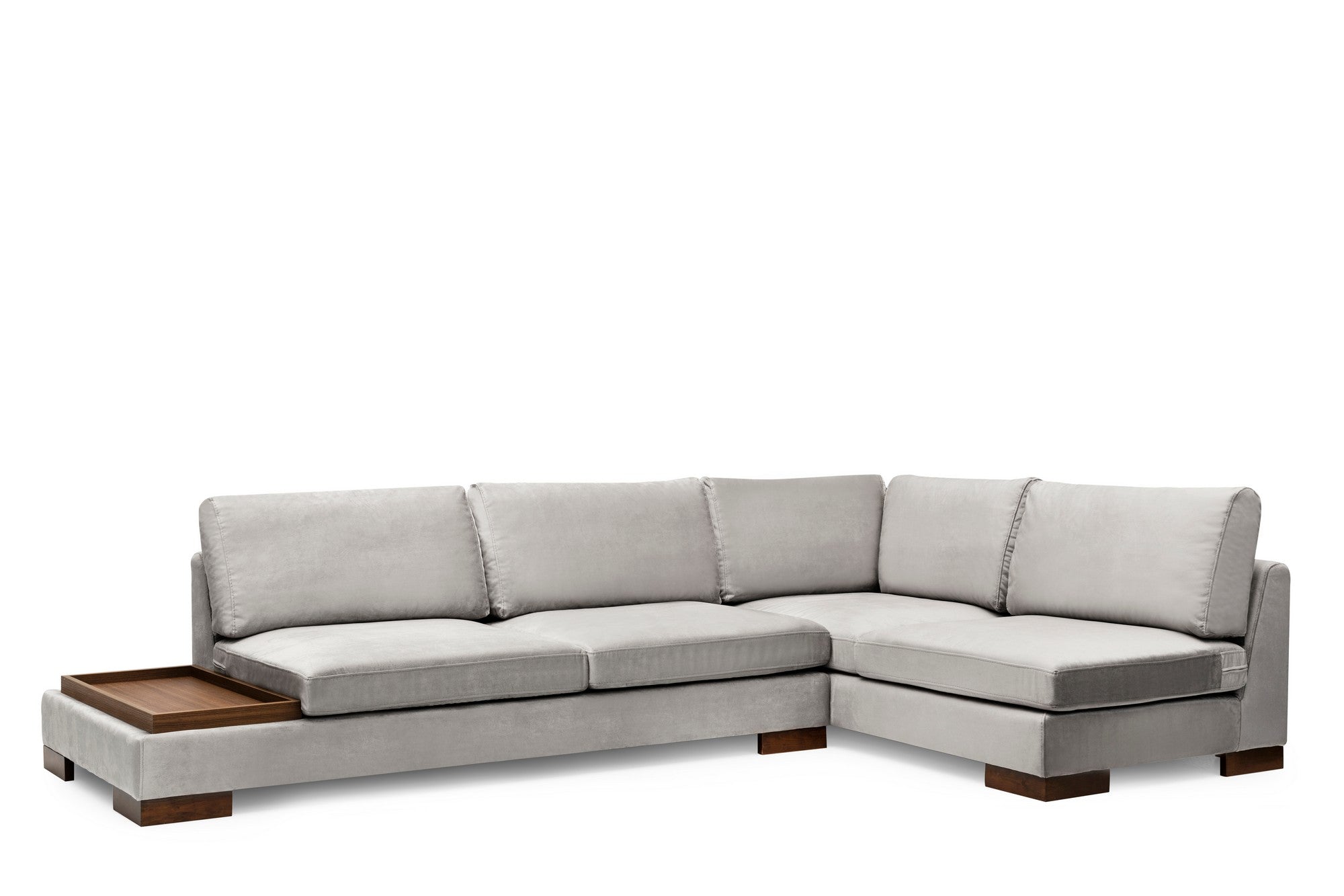 Sofá de canto elegante, cinza claro, 313 x 193 x 97 cm | Estrutura em madeira de faia e aglomerado, 100% poliéster, espuma macia, pernas em nogueira | Inclui 2 almofadas, tecido lavável a seco