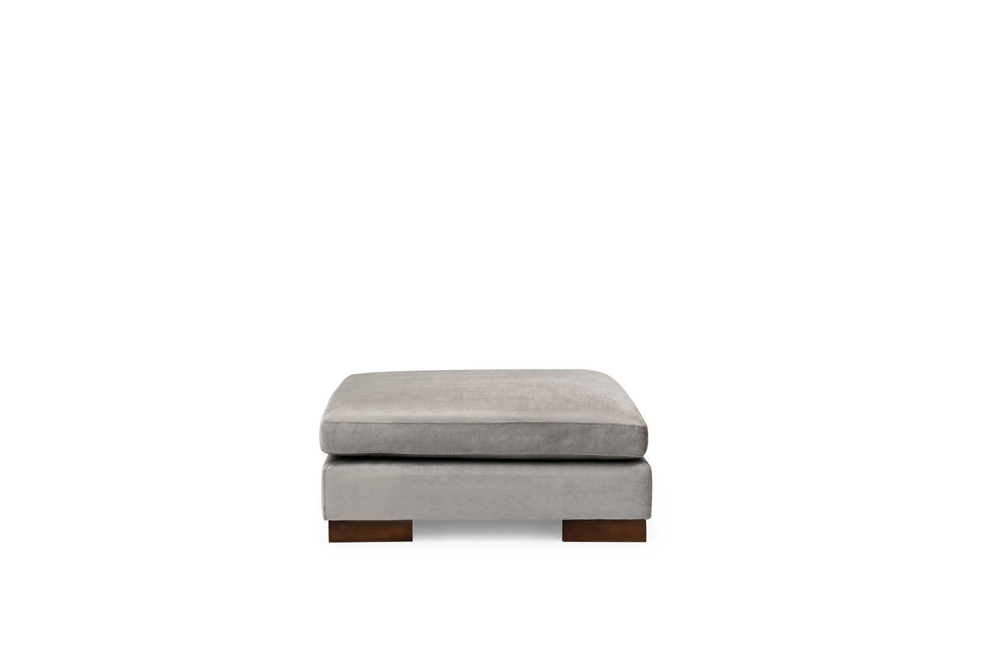 Sofá de canto elegante com pufe, cinza claro, 193 x 313 cm | Estrutura em madeira de faia e aglomerado, 100% poliéster, pernas em nogueira | Almofadas de espuma macia, design escandinavo moderno