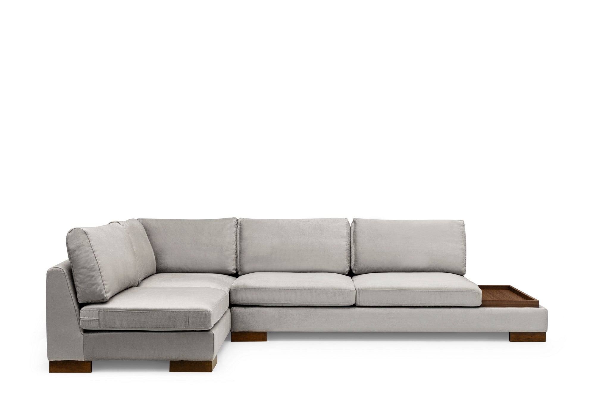 Sofá de canto elegante com pufe, cinza claro, 193 x 313 cm | Estrutura em madeira de faia e aglomerado, 100% poliéster, pernas em nogueira | Almofadas de espuma macia, design escandinavo moderno