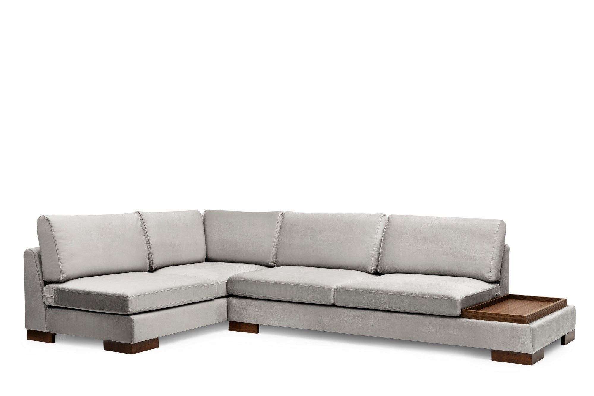 Sofá de canto elegante com pufe, cinza claro, 193 x 313 cm | Estrutura em madeira de faia e aglomerado, 100% poliéster, pernas em nogueira | Almofadas de espuma macia, design escandinavo moderno