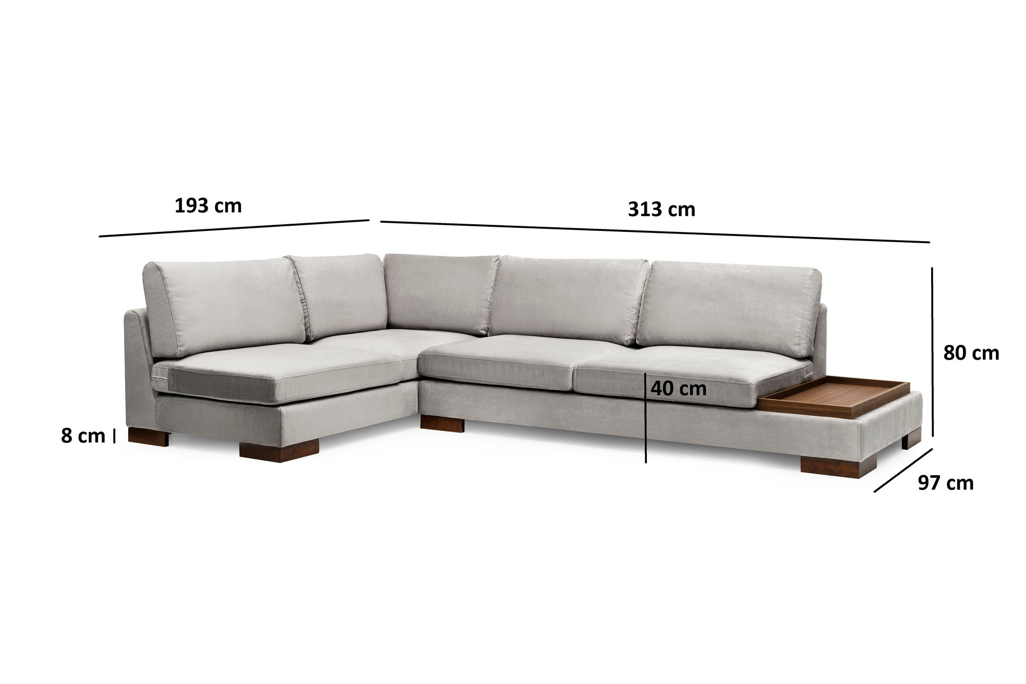 Sofá de canto elegante, cinza claro, 193 x 313 x 97 cm | Estrutura em madeira de faia e aglomerado, 100% poliéster, espuma macia, pernas em nogueira | Perfeito para a vida escandinava moderna