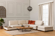 Sofá de canto elegante com pufe, bege, 313 x 193 cm | Estrutura em madeira de faia e aglomerado, 100% poliéster, almofadas de espuma macia | Perfeito para decoração escandinava e hoteleira