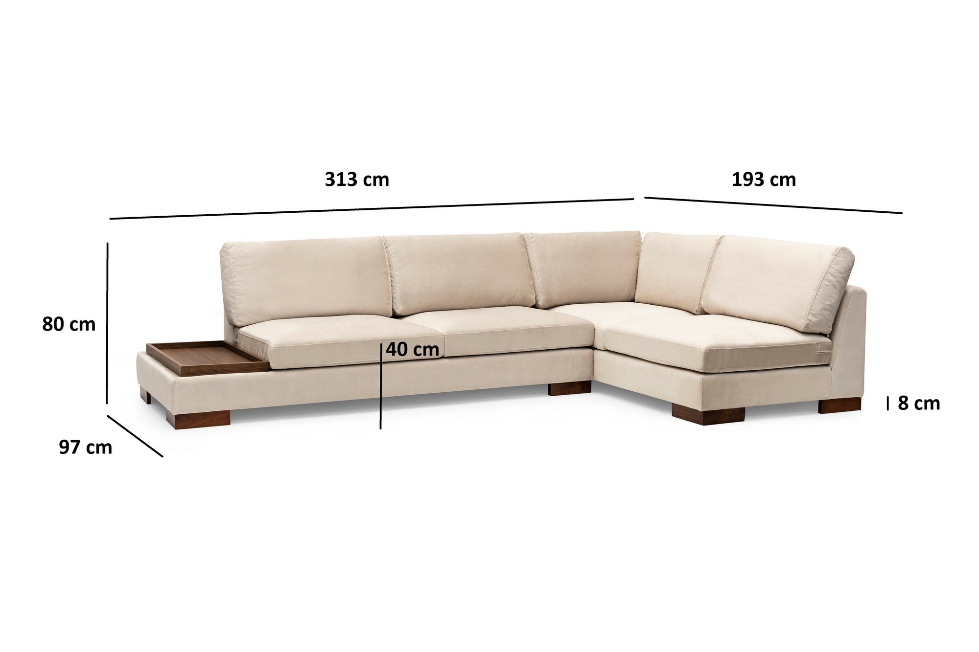 Sofá de canto elegante com pufe, bege, 313 x 193 cm | Estrutura em madeira de faia e aglomerado, 100% poliéster, almofadas de espuma macia | Perfeito para decoração escandinava e hoteleira