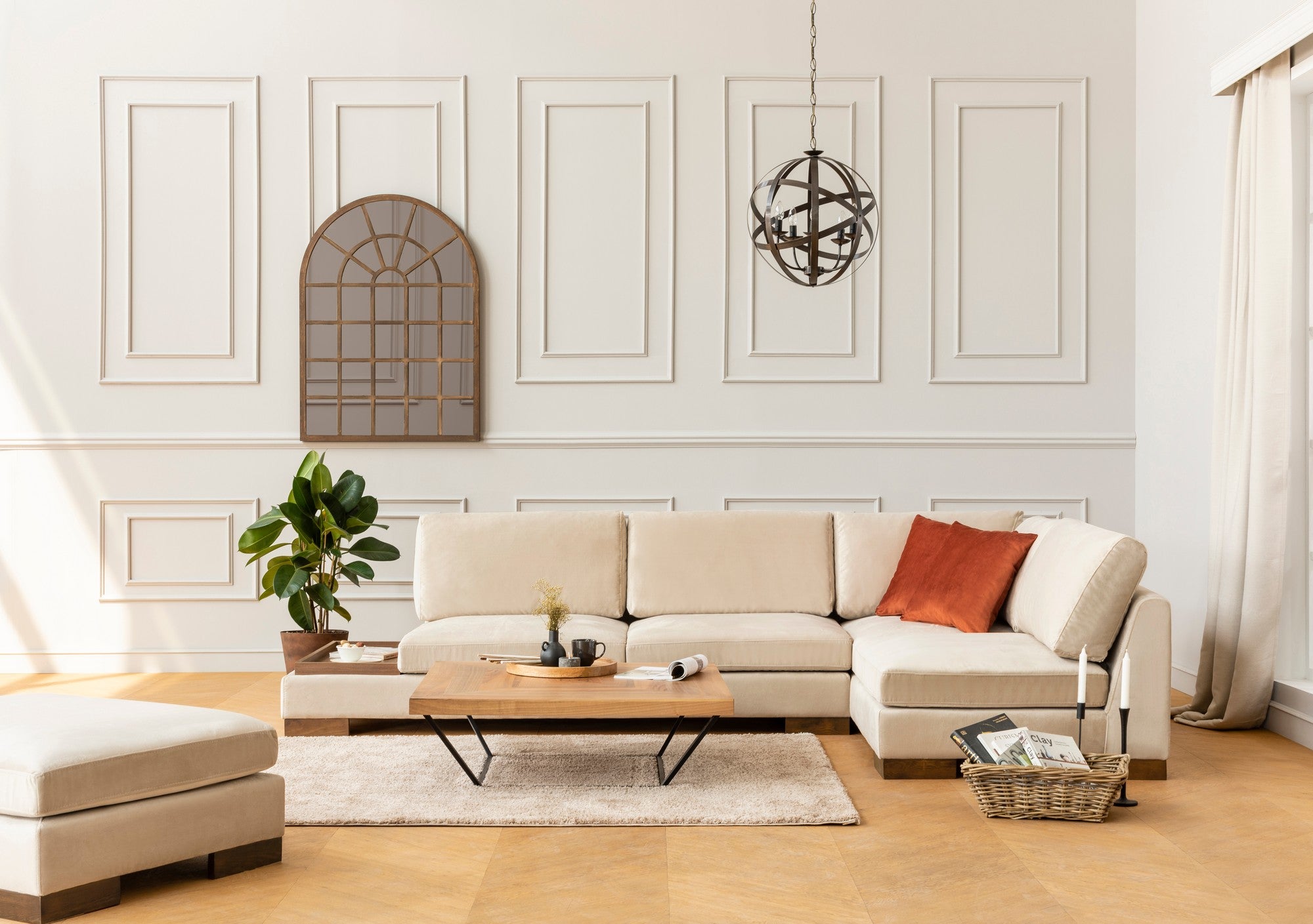 Sofá de canto elegante com pufe, bege, 313 x 193 cm | Estrutura em madeira de faia e aglomerado, 100% poliéster, almofadas de espuma macia | Perfeito para decoração escandinava e hoteleira