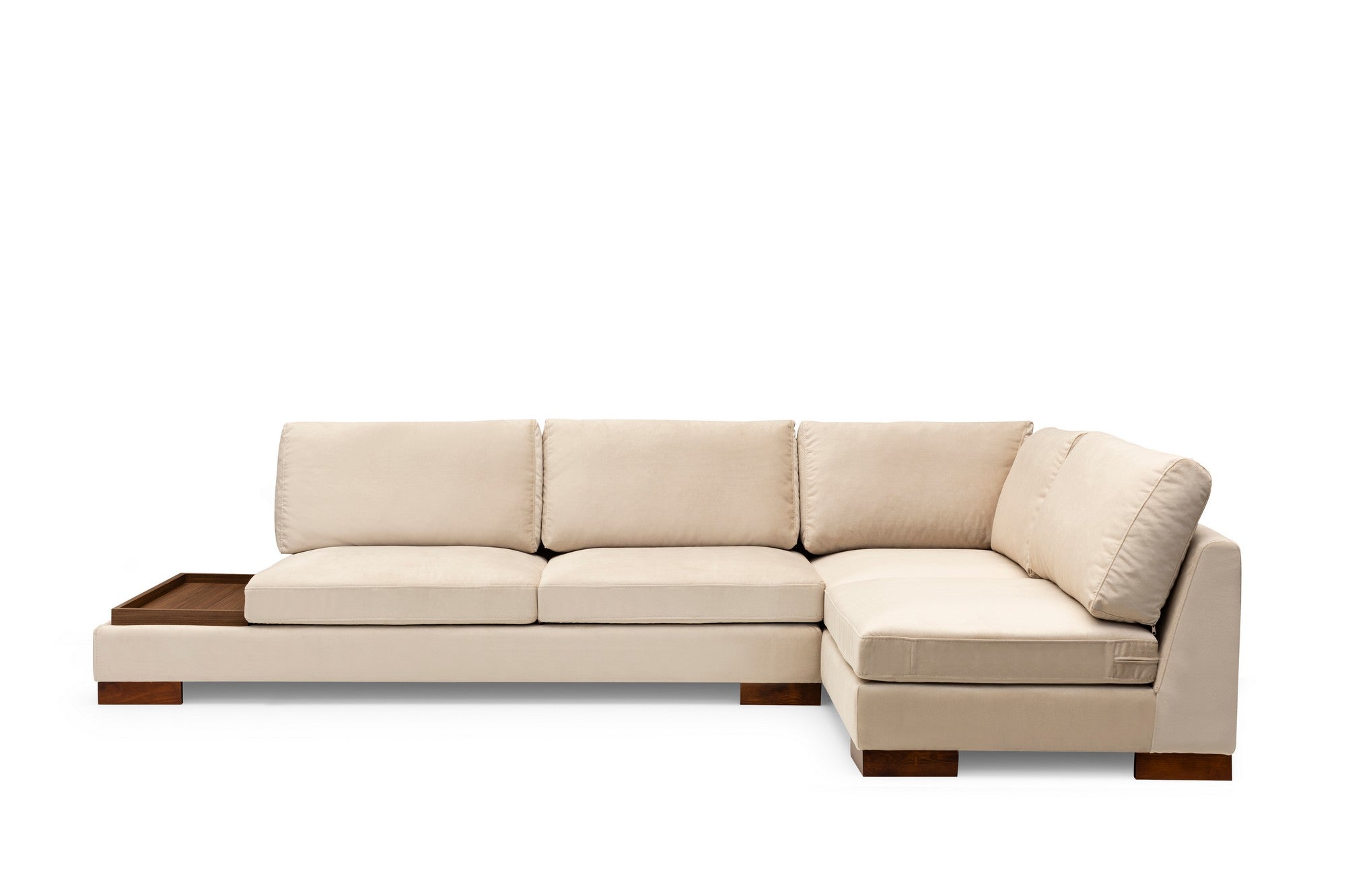 Sofá de canto elegante com pufe, bege, 313 x 193 cm | Estrutura em madeira de faia e aglomerado, 100% poliéster, almofadas de espuma macia | Perfeito para decoração escandinava e hoteleira