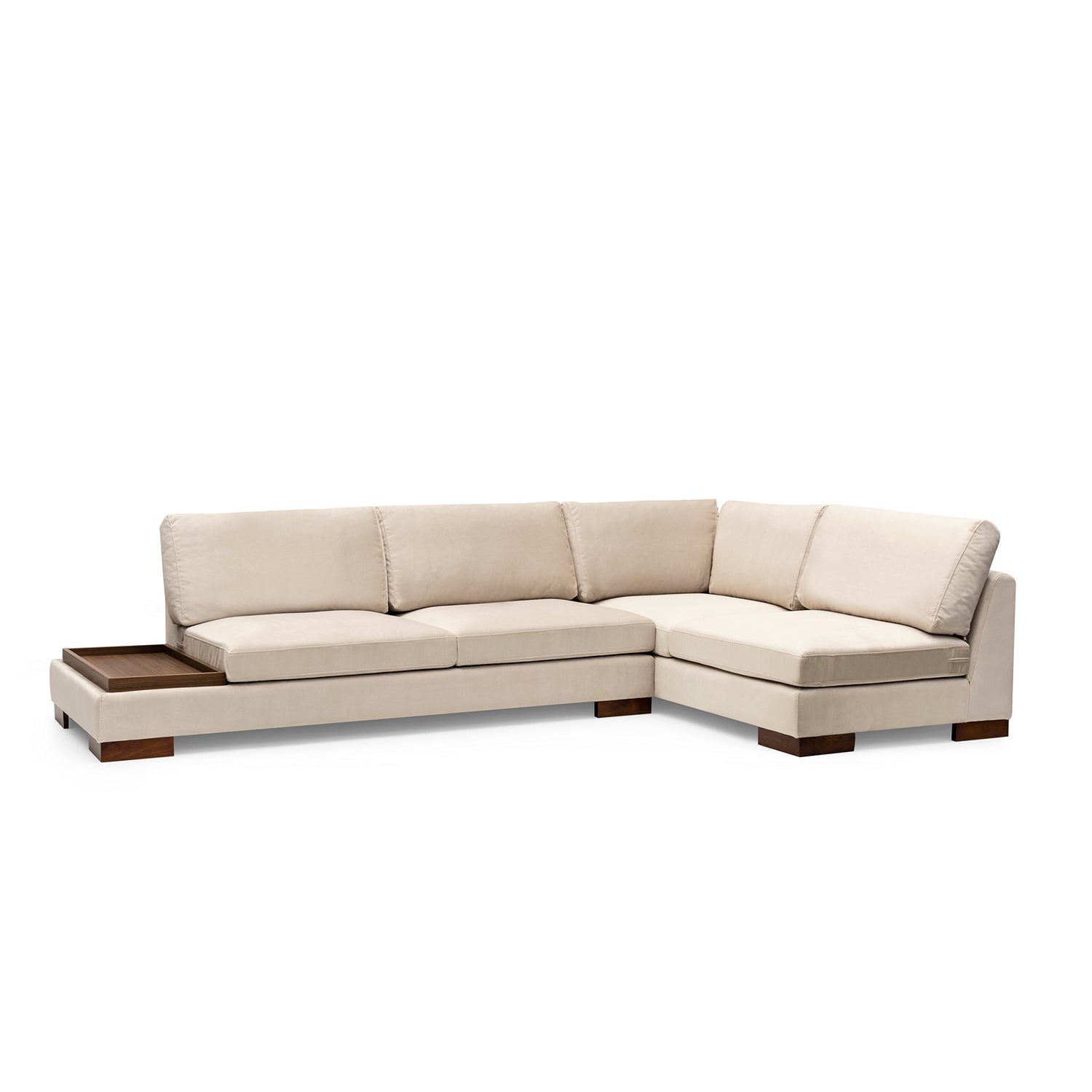 Sofá de canto elegante com pufe, bege, 313 x 193 cm | Estrutura em madeira de faia e aglomerado, 100% poliéster, almofadas de espuma macia | Perfeito para decoração escandinava e hoteleira