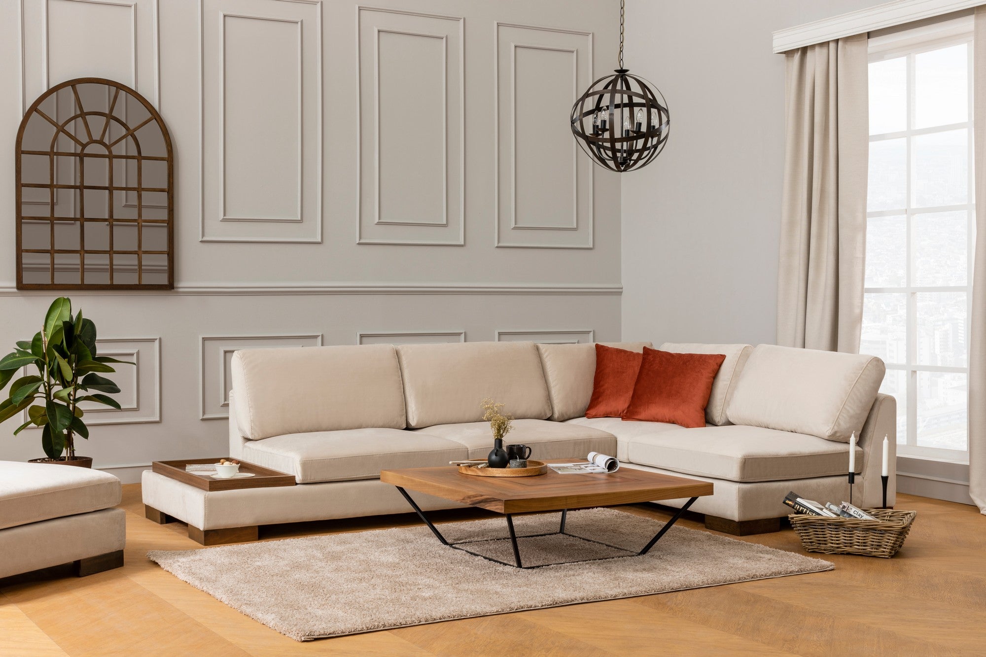 Sofá de canto elegante, bege, 313 x 193 x 97 cm | Estrutura em madeira de faia e aglomerado, tecido 100% poliéster, assento em espuma macia | Inclui 2 almofadas, design escandinavo