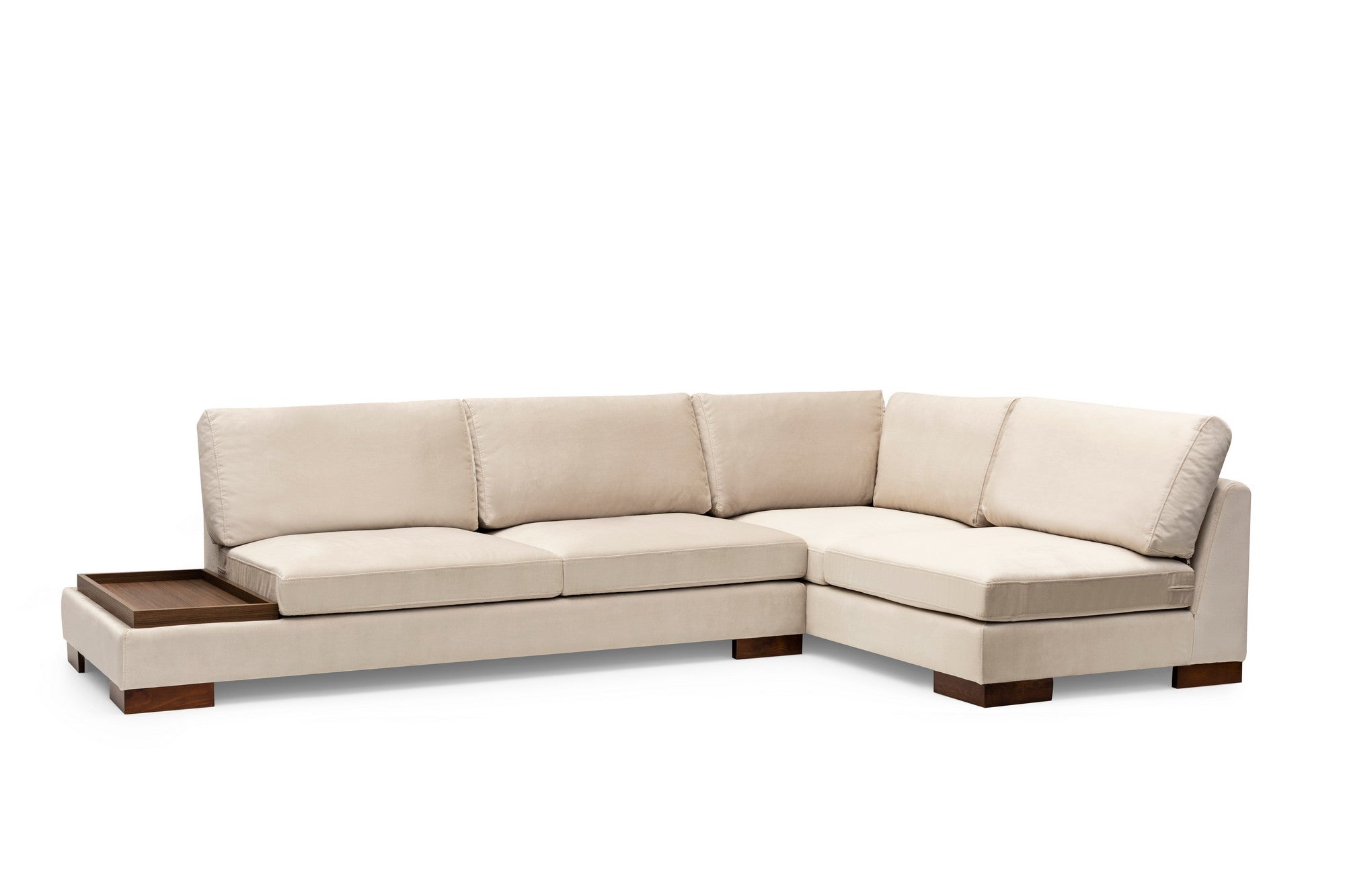 Sofá de canto elegante, bege, 313 x 193 x 97 cm | Estrutura em madeira de faia e aglomerado, tecido 100% poliéster, assento em espuma macia | Inclui 2 almofadas, design escandinavo
