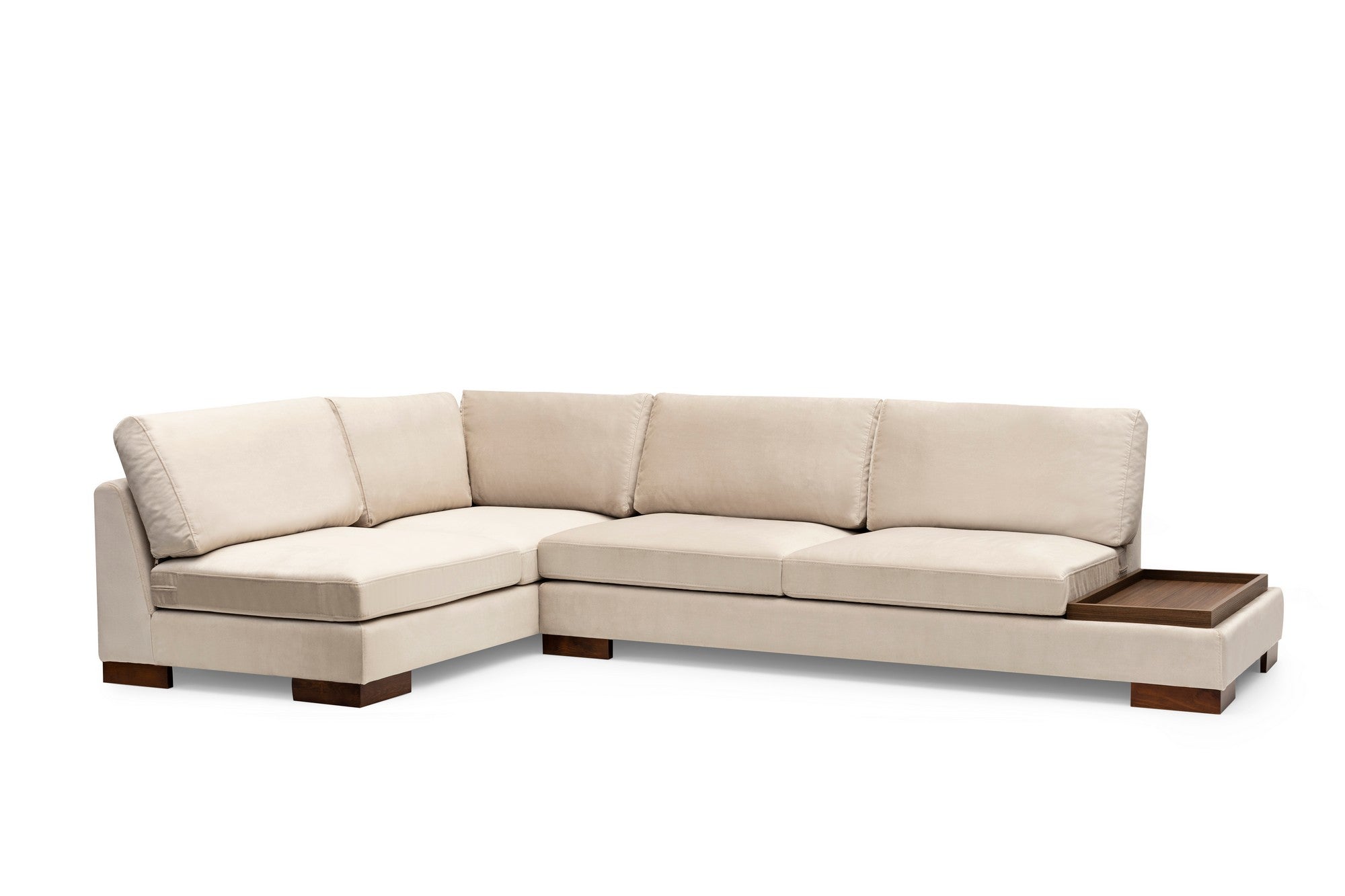 Sofá de canto elegante com pufe, bege, 193 x 313 cm | Estrutura em madeira de faia, 100% poliéster, almofadas de espuma macia, pernas de nogueira | Perfeito para decoração escandinava e hoteleira
