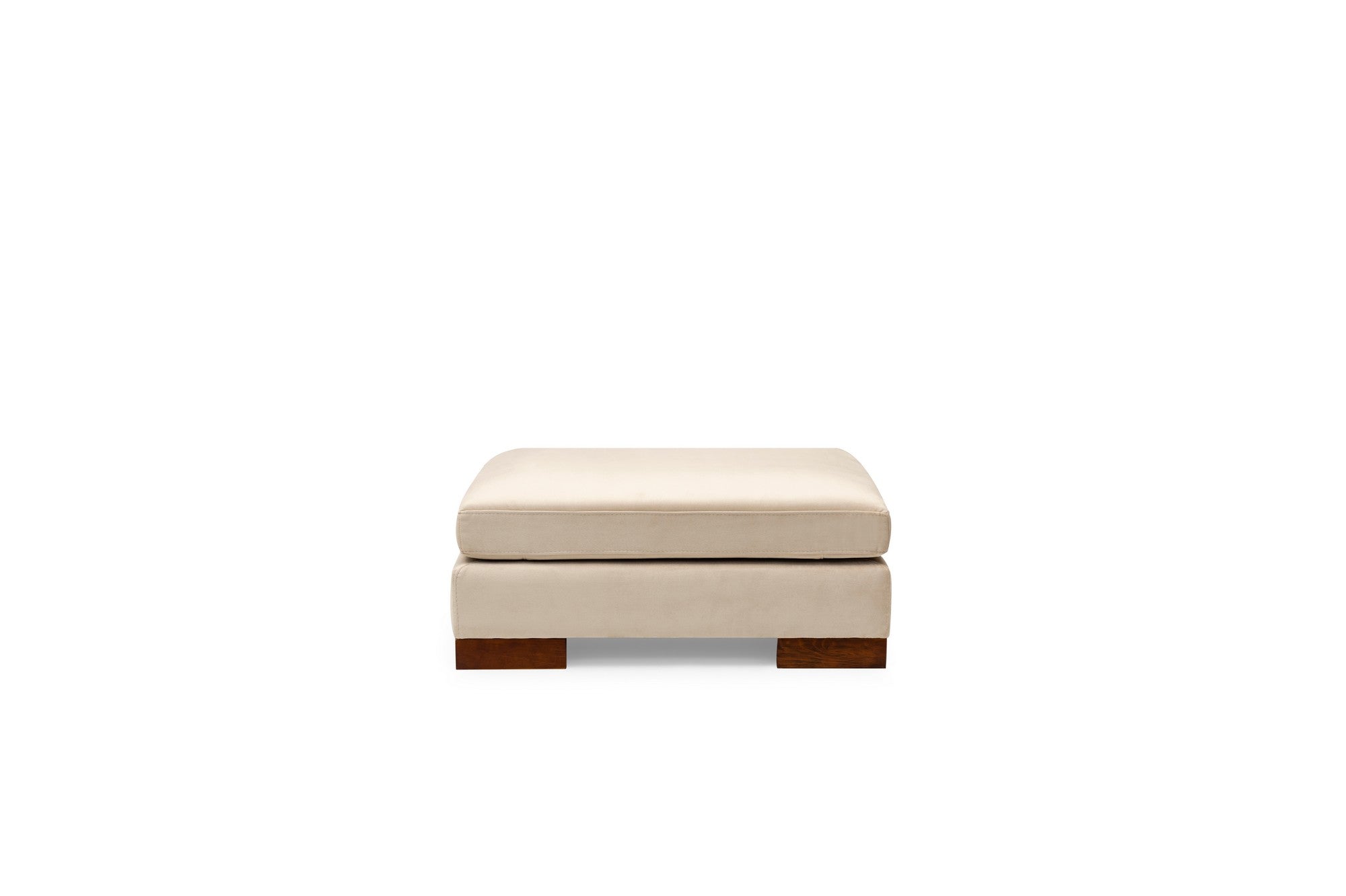 Sofá de canto elegante com pufe, bege, 193 x 313 cm | Estrutura em madeira de faia, 100% poliéster, almofadas de espuma macia, pernas de nogueira | Perfeito para decoração escandinava e hoteleira
