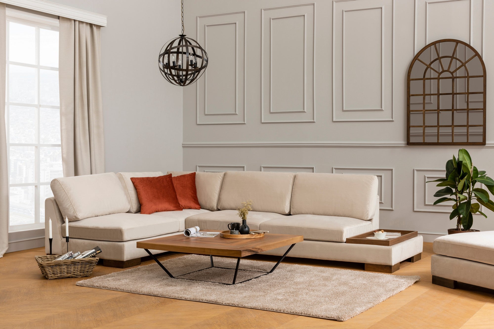 Sofá de Canto Elegante, Bege, 193x313 cm | Estrutura em Madeira de Faia, 100% Poliéster, Almofadas de Espuma Macia, Pés de Nogueira | Perfeito para Espaços de Vida Escandinavos Modernos